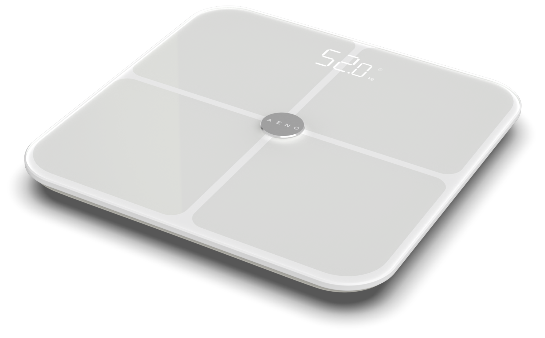 Egy fehér digitális fürdőszobamérleg 52,0 kg-ot mutat. Központi gombja van „AENO” felirattal, és négy részre van osztva.