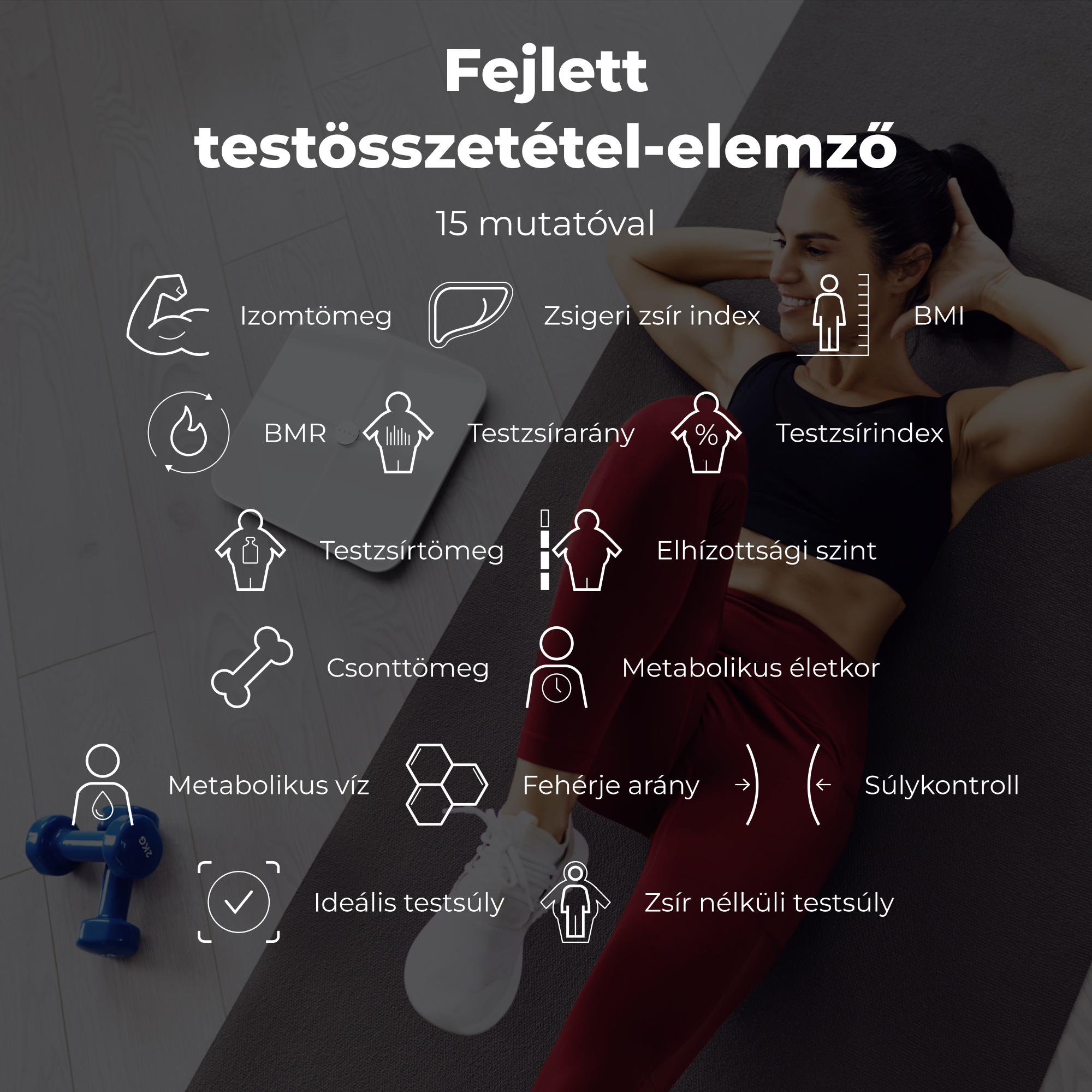 Edzőnő, testösszetétel-mutatókkal, mint BMI és izomtömeg ikonok.