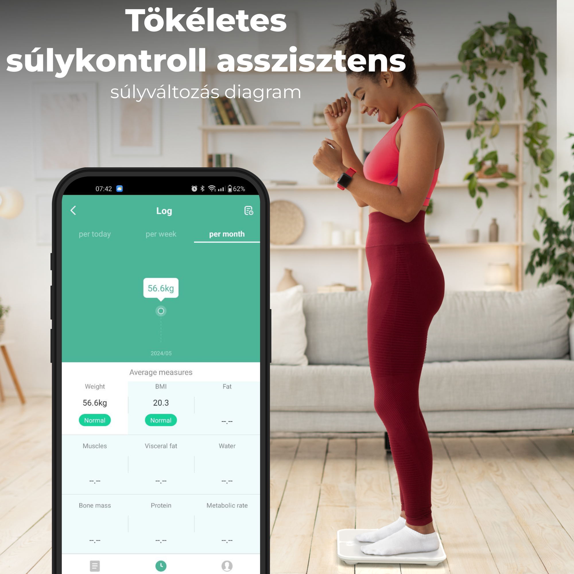 Nő mérlegen, súlykövető alkalmazással. A telefon 56,6 kg-ot mutat. Piros sportruhát visel.