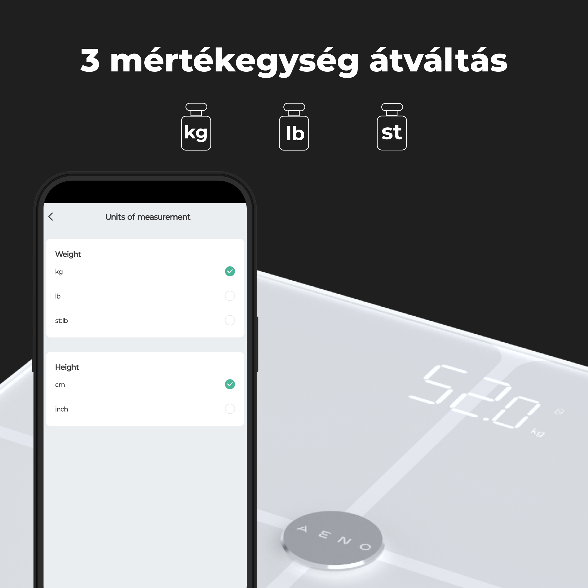 A digitális mérleg 52,0 kg-ot mutat. A telefon mértékegységeket mutat: kg, lb, st.lb, cm, inch. A kg, lb, st ikonok felül láthatók.