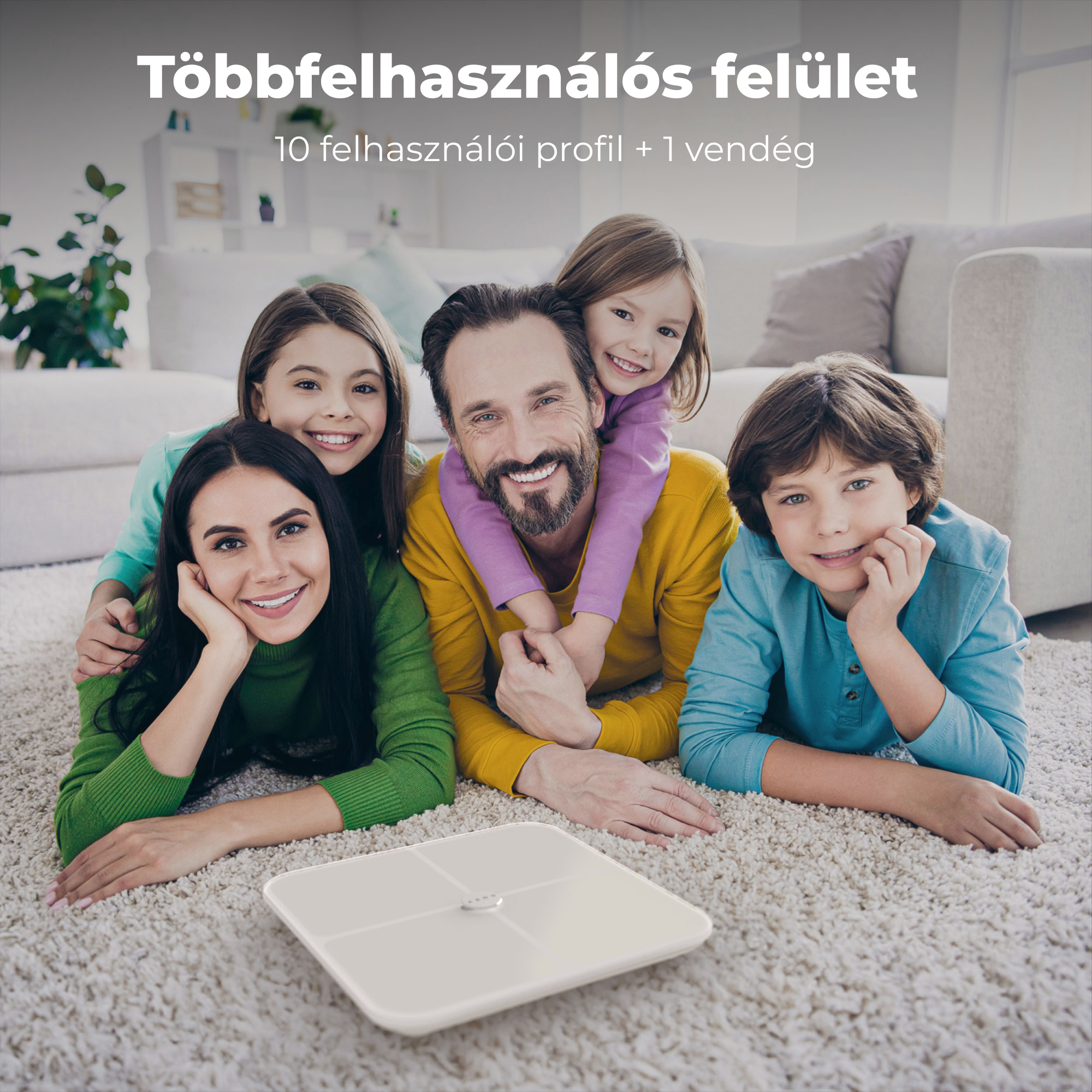Öt fős család mosolyog, egy szőnyegen fekszenek egy mérleg mellett. A fenti szöveg azt mondja: 'Többfelhasználós felület'.