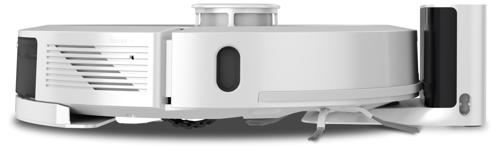 Egy fehér robotporszívó szürke kefével. Hengeres teteje és oldalsó rekesze van. A porszívó fehér felületen van.