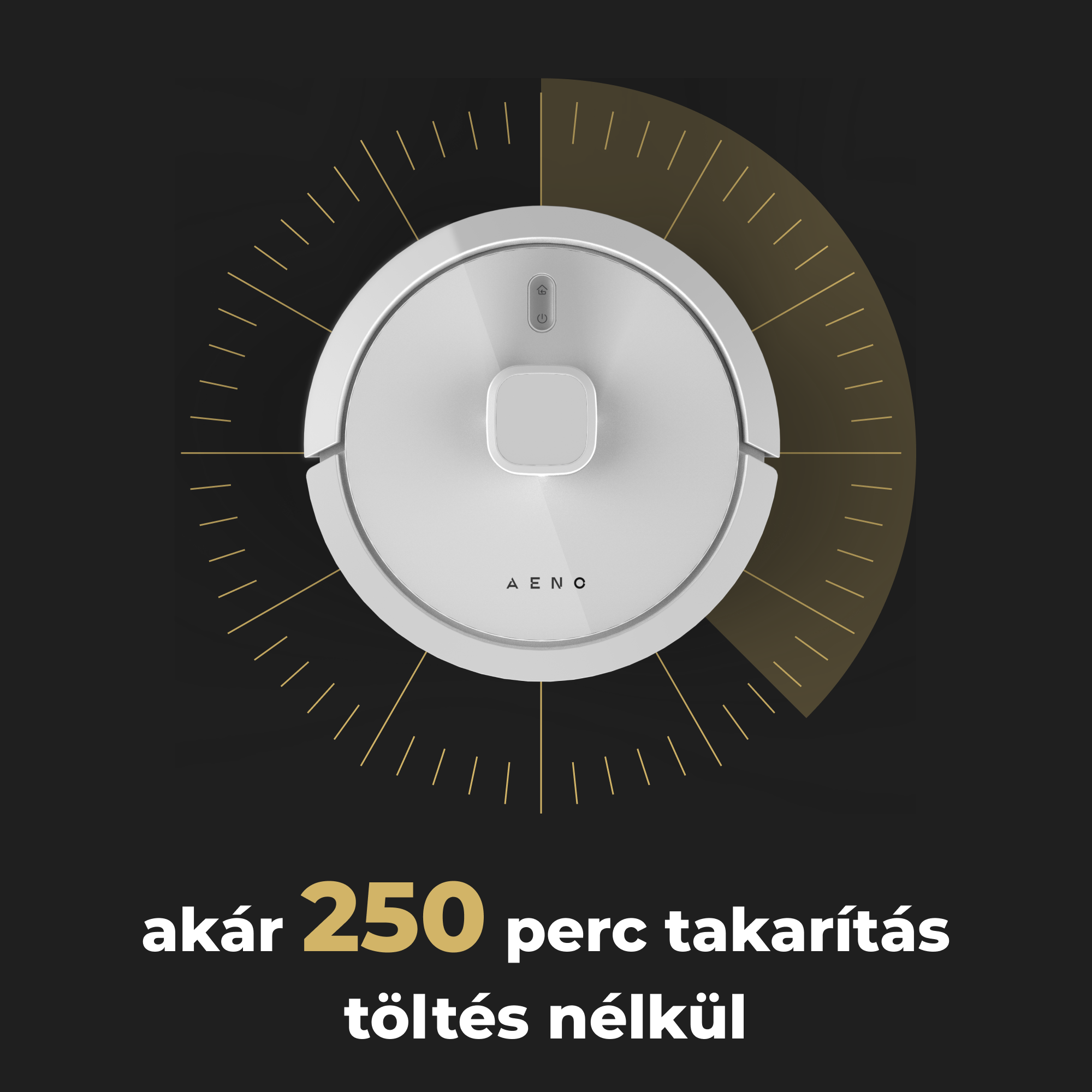 Egy fehér robot porszívó, AENO márkával. A szöveg: akár 250 perc takarítás töltés nélkül.