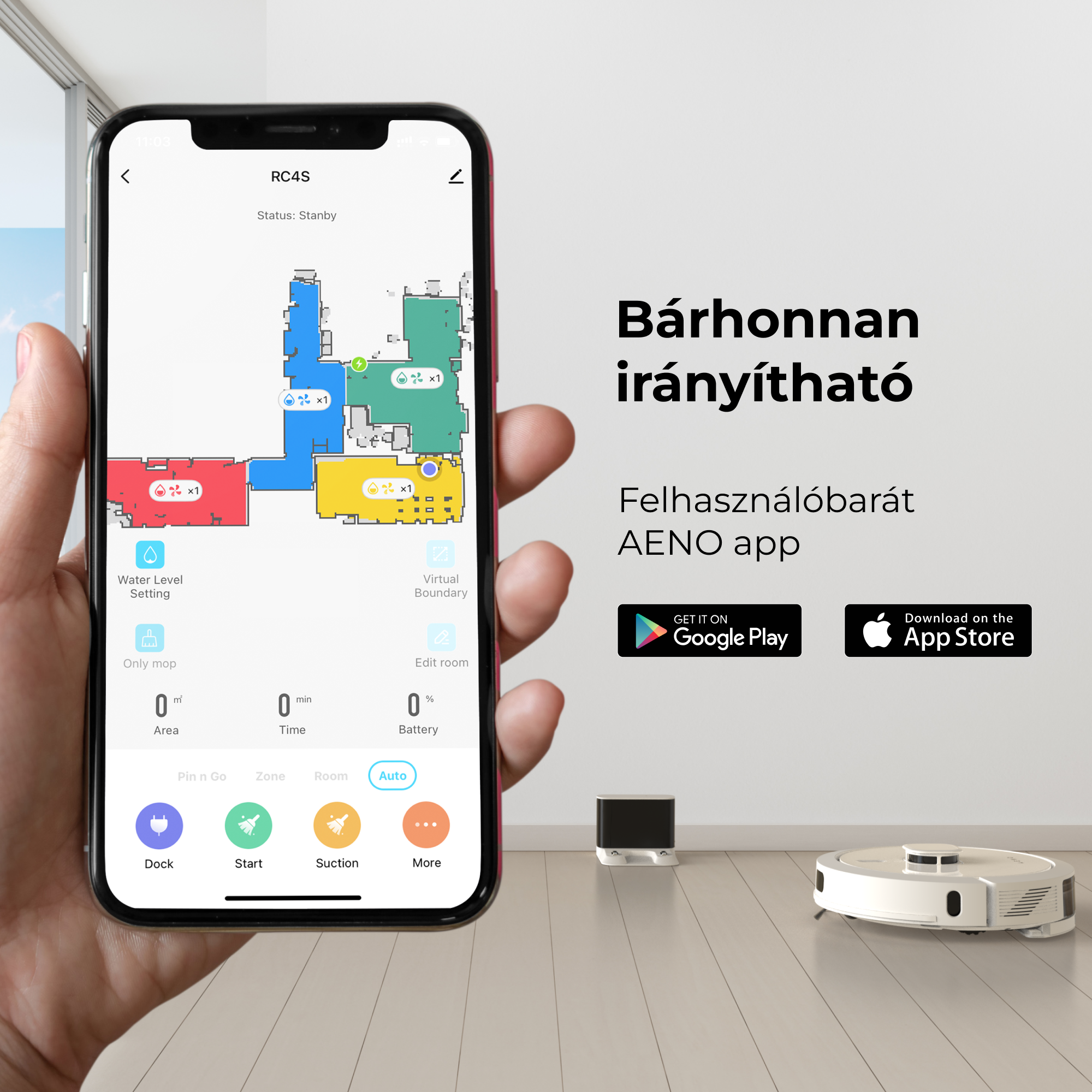 Kézben tartott telefon, robotporszívó vezérlő alkalmazással. Magyar nyelvű szöveg. Látható a porszívó és a töltőbázis.