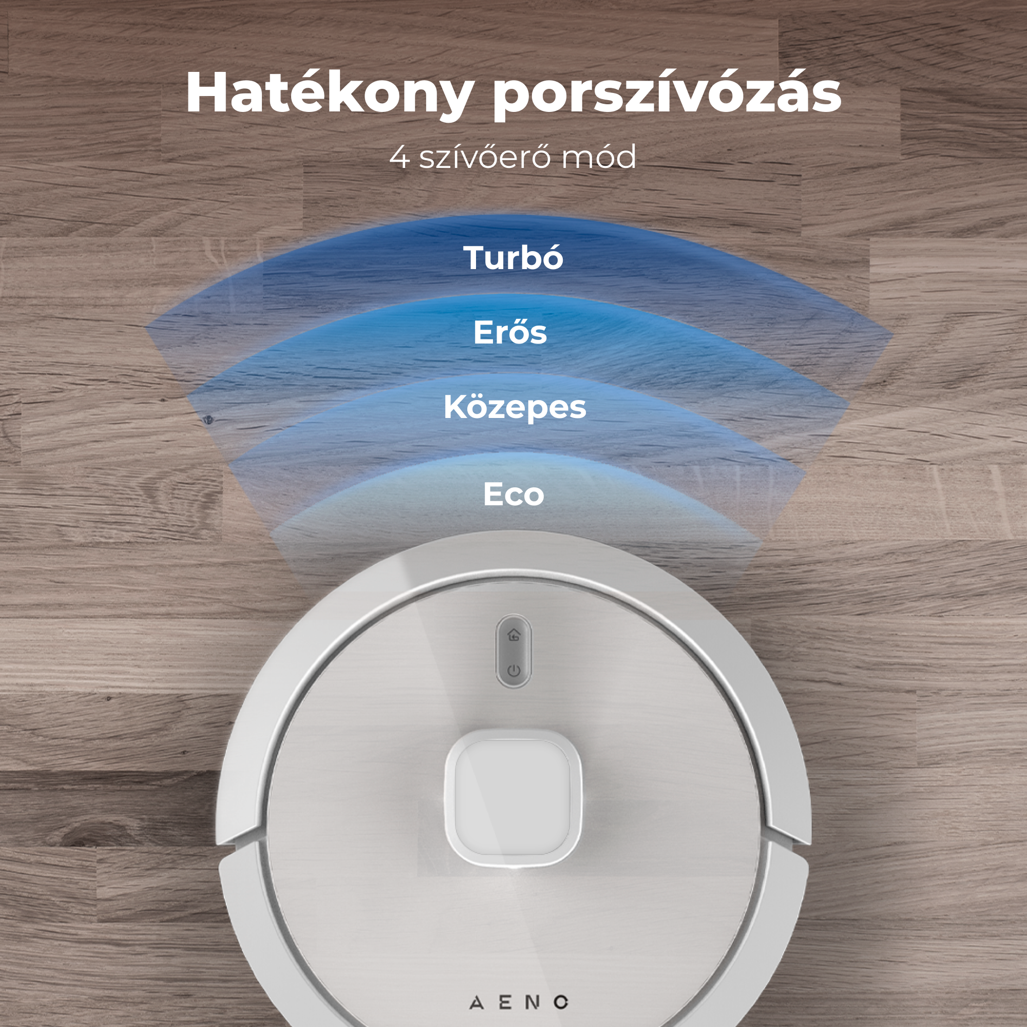 Egy fehér robotporszívó, felette négy teljesítménybeállítással. Fa padlón áll.