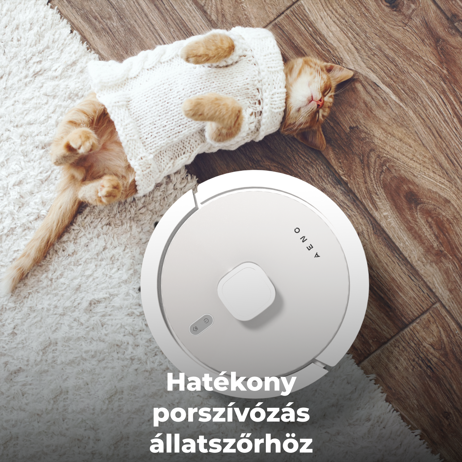 Egy narancssárga macska fehér pulóverben szőnyegen fekszik. Egy fehér robot porszívó a macska mellett a fa padlón.