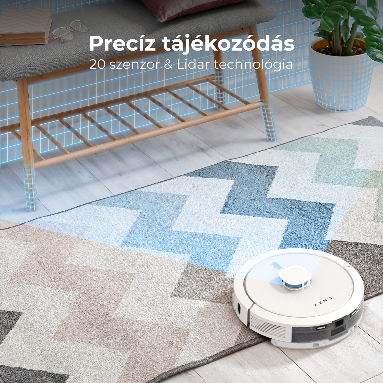 Egy fehér robotporszívó mintás szőnyegen, pad és cserepes növény közelében. Kék rács jelzi az érzékelőket.