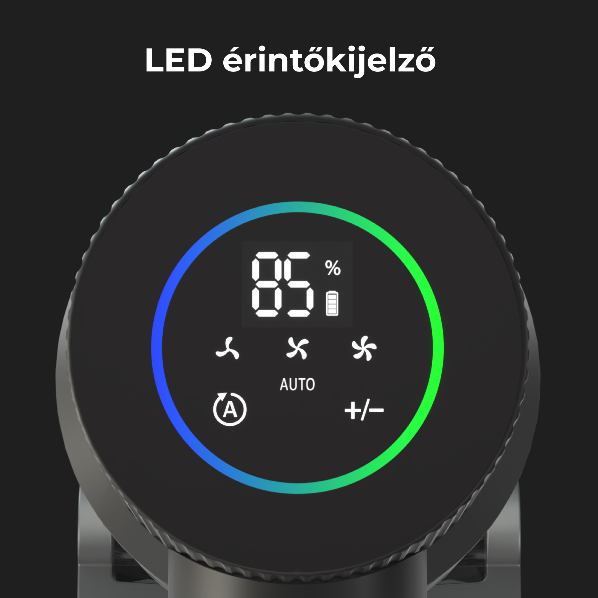 Fekete kör alakú kijelző, 85%-ot, ventilátor ikonokat, akkumulátor szintet és vezérlőgombokat mutat. A felirat AUTO és +/-.