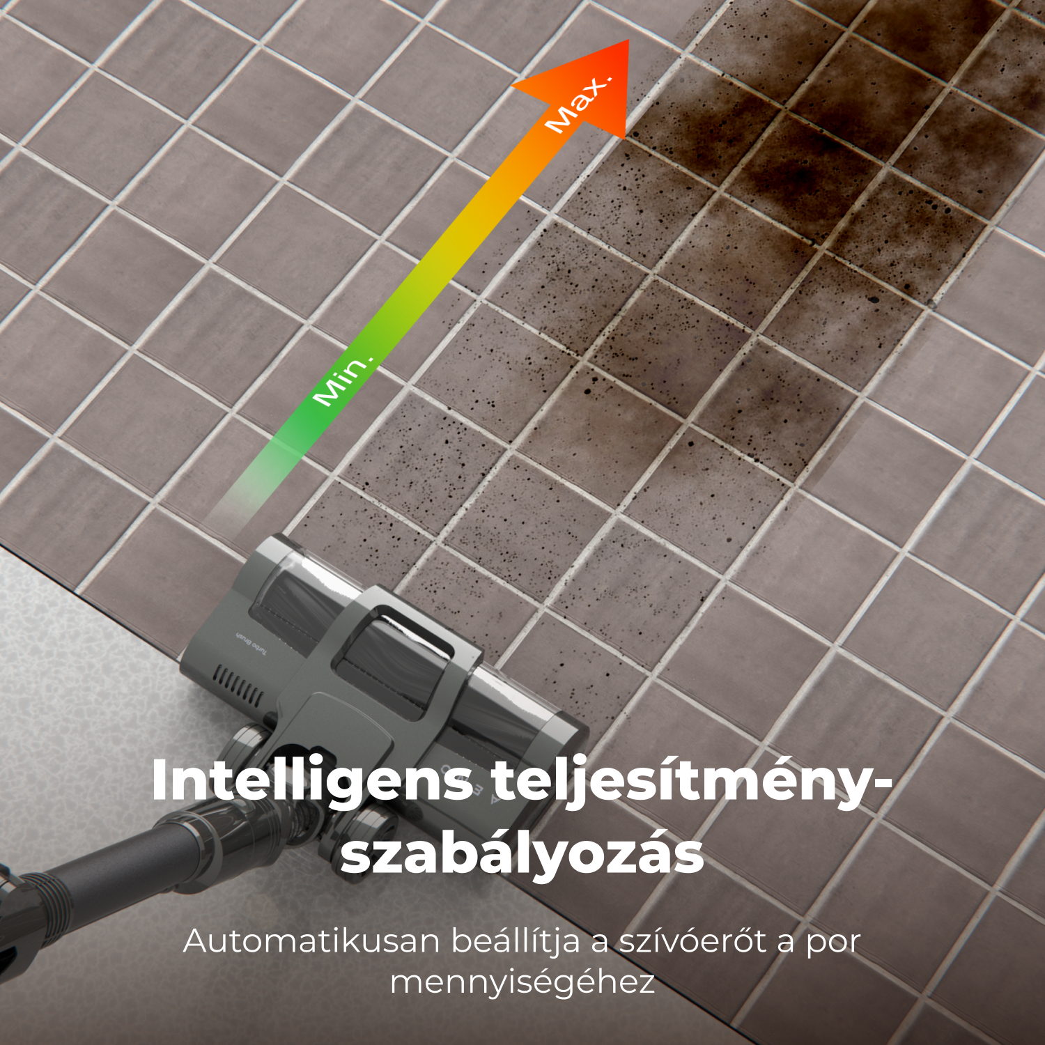 A porszívó csempézett padlót tisztít. Egy nyíl jelzi a teljesítményszinteket. A szöveg azt írja: 'Intelligens teljesítménykontroll'.