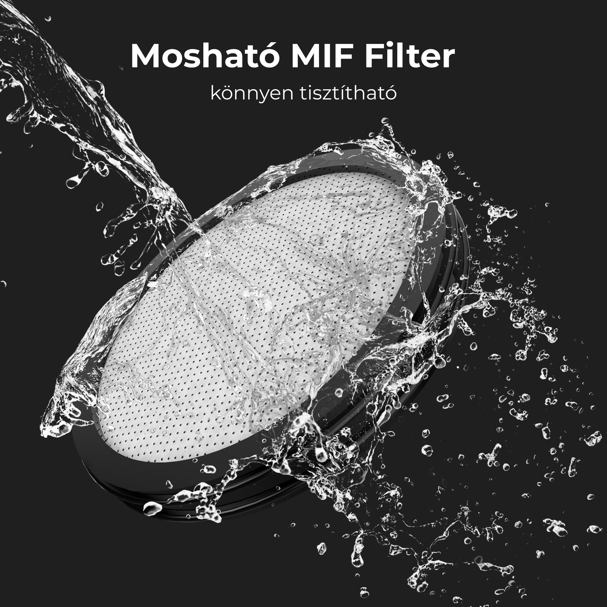 A képen egy szűrő látható, amin víz folyik át. A szöveg a következő: 'Mosható MIF Filter' és 'könnyen tisztítható'.