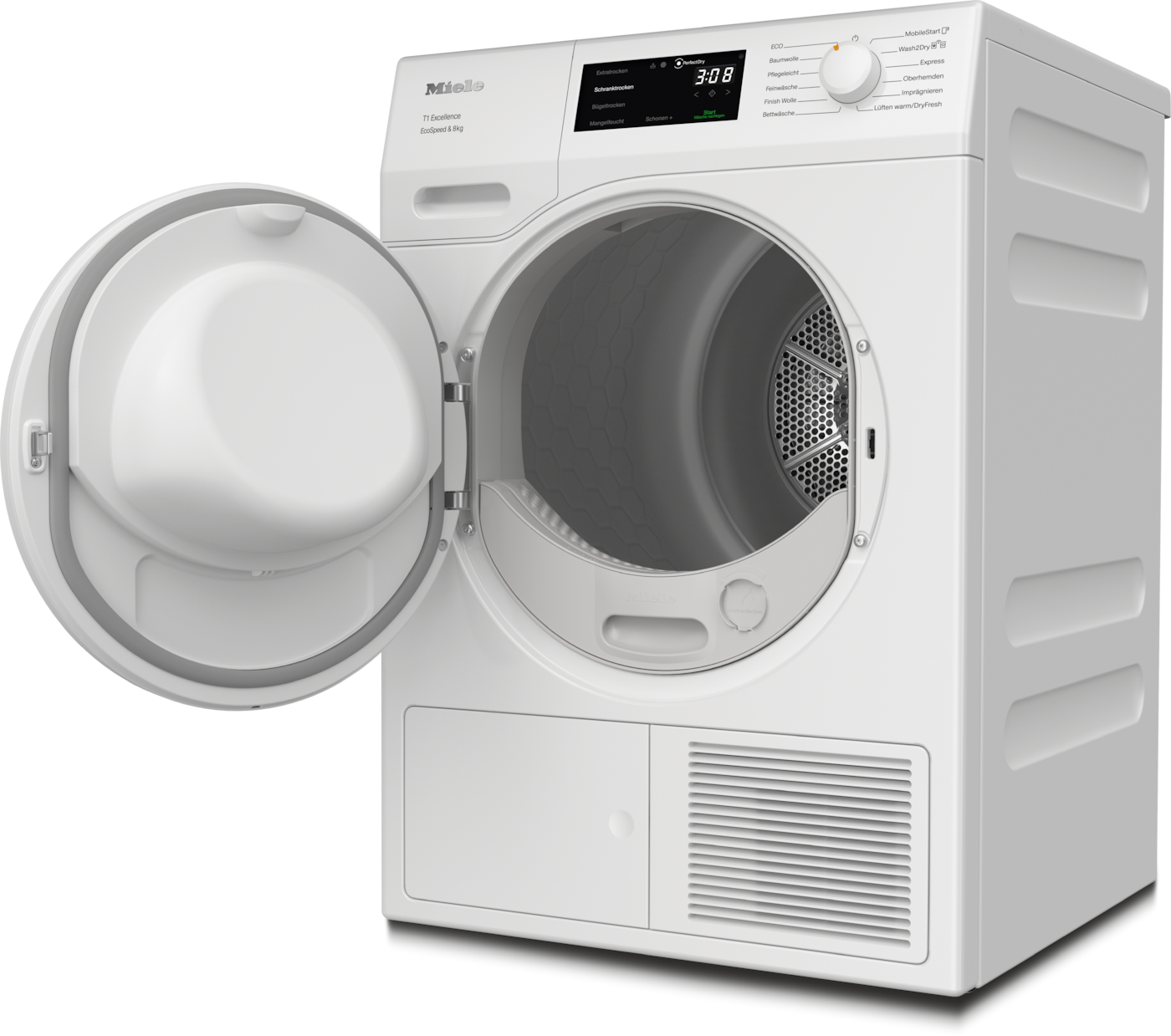 Ein weißer Miele-Trockner mit offener Tür. Das Bedienfeld zeigt Einstellungen und eine Digitalanzeige. Die Trommel ist sichtbar.