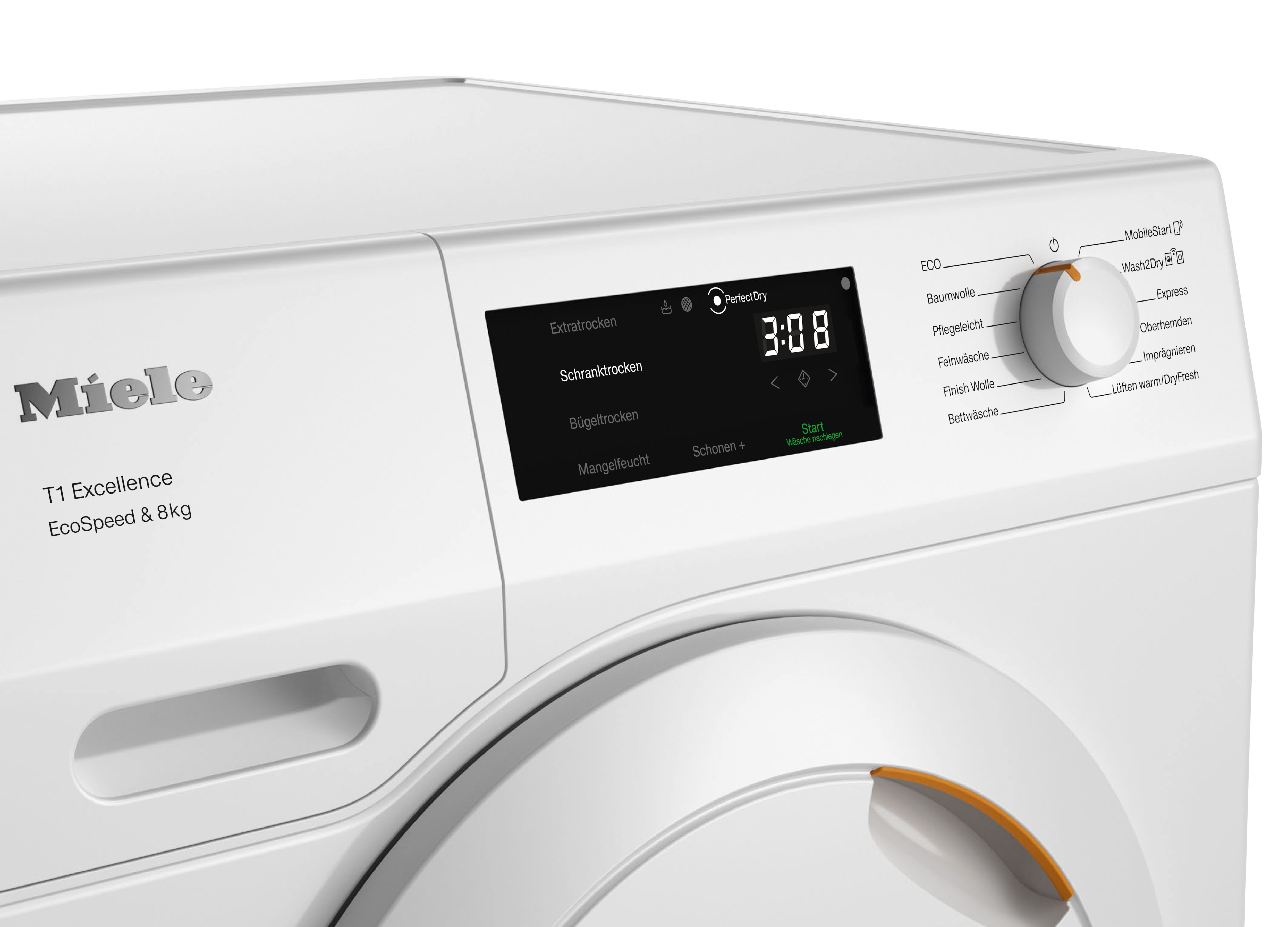 Ein weißer Miele-Trockner zeigt ein digitales Display mit 3:08. Das Bedienfeld hat Tasten und einen Drehregler.