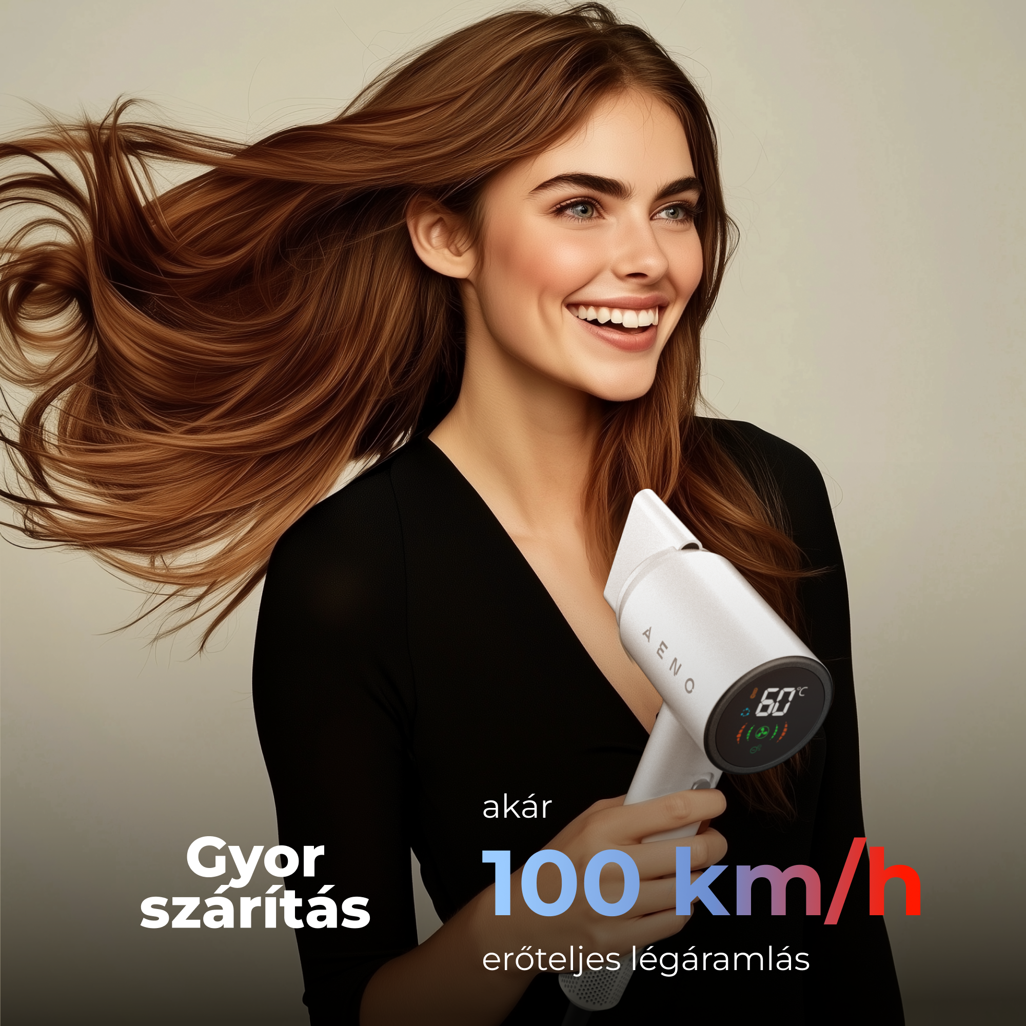 Egy mosolygó, szőke hajú nő fehér hajszárítót tart. A szöveg: 'Gyors szárítás' és '100 km/h'.