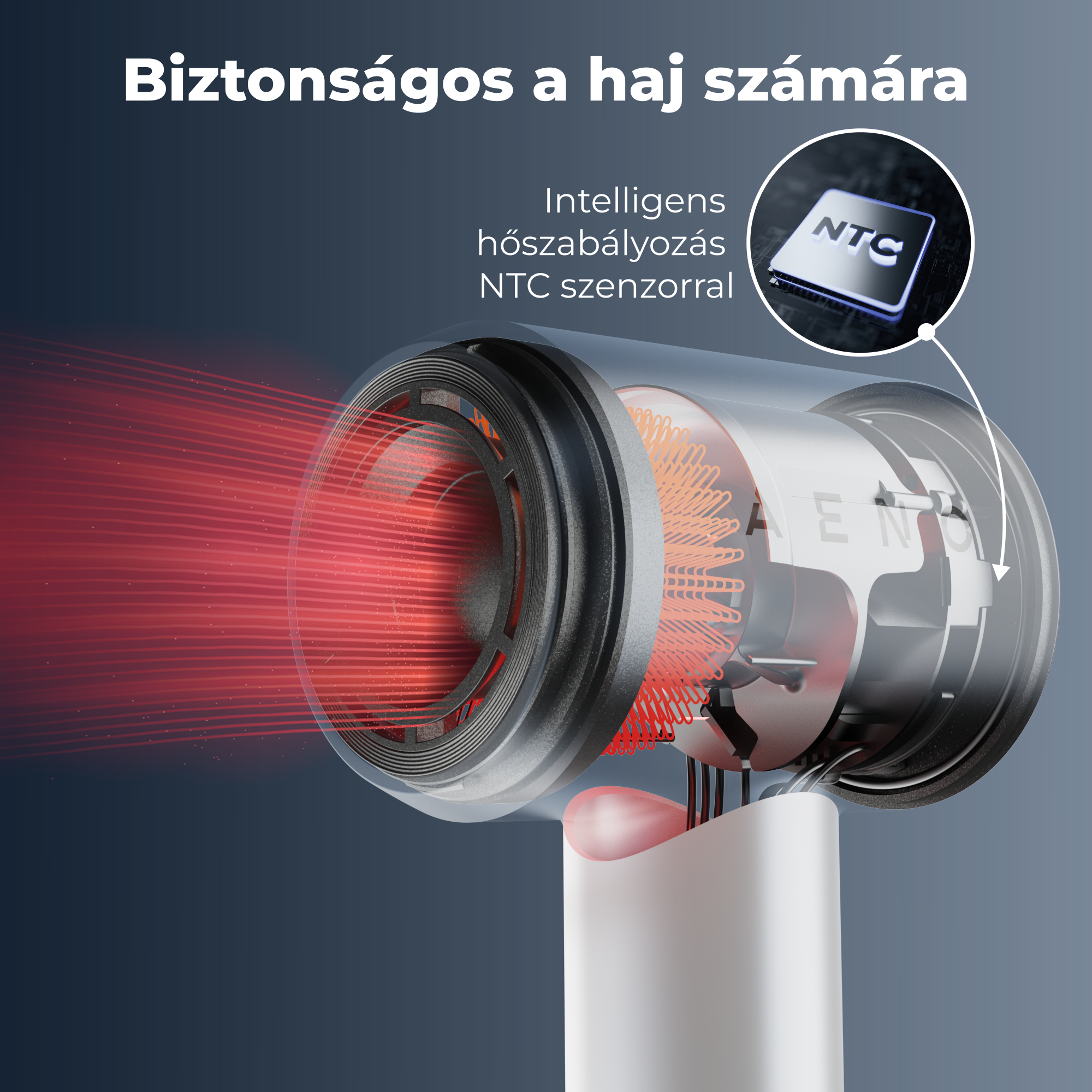 A kép egy hajszárítót mutat, átlátszó résszel, fűtőelemeket mutatva. A szöveg szerint a haj biztonsága intelligens hőmérséklet-szabályozással.