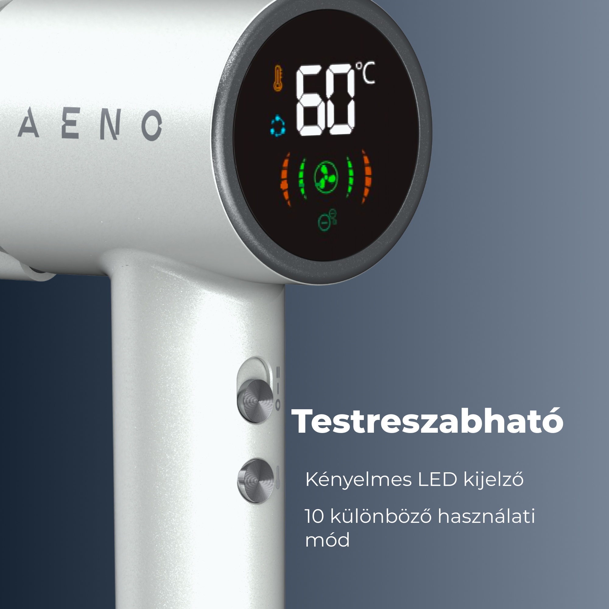 Fehér hajszárító digitális kijelzővel, 60 Celsius-fokkal. Vezérlőgombok és magyar nyelvű szöveg látható.