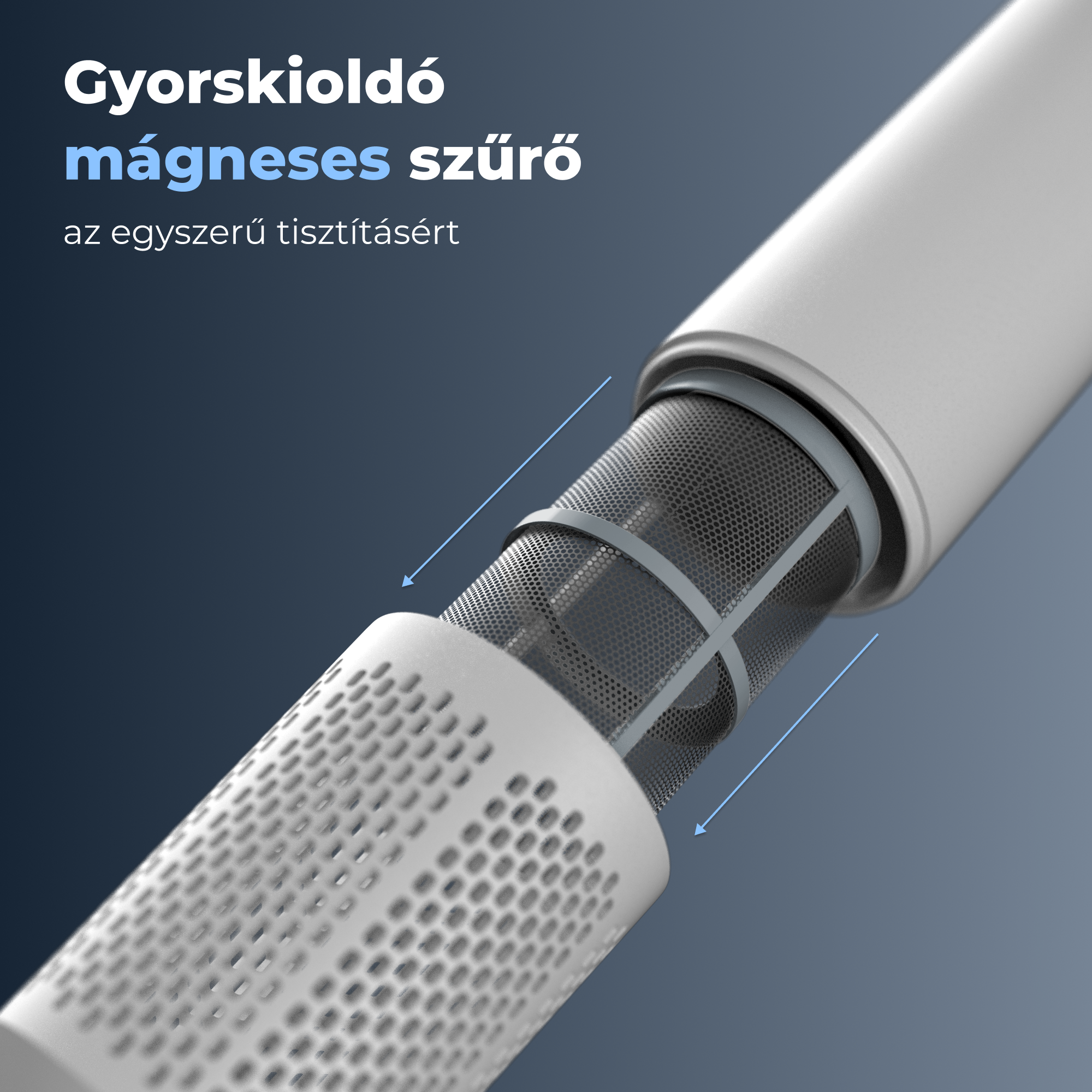 Közelkép egy mágneses szűrőről. Fehér, perforált és hengeres. Egy hálós szűrő van benne. Kék nyilak jelzik az irányokat.