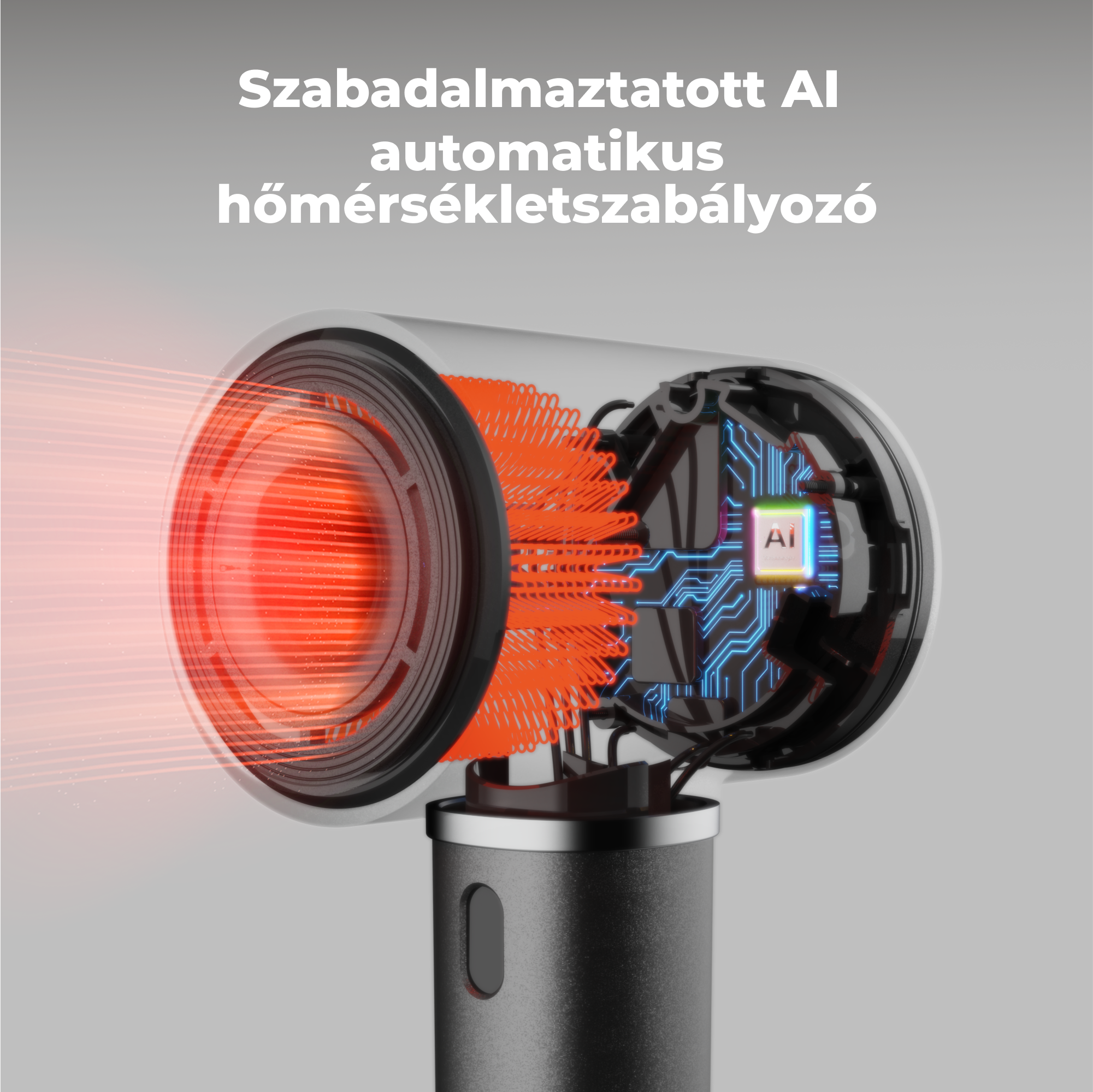 Egy eszköz metszeti képe, narancssárga és kék belső alkatrészekkel, felül felirattal. A készülék piros fényt bocsát ki.