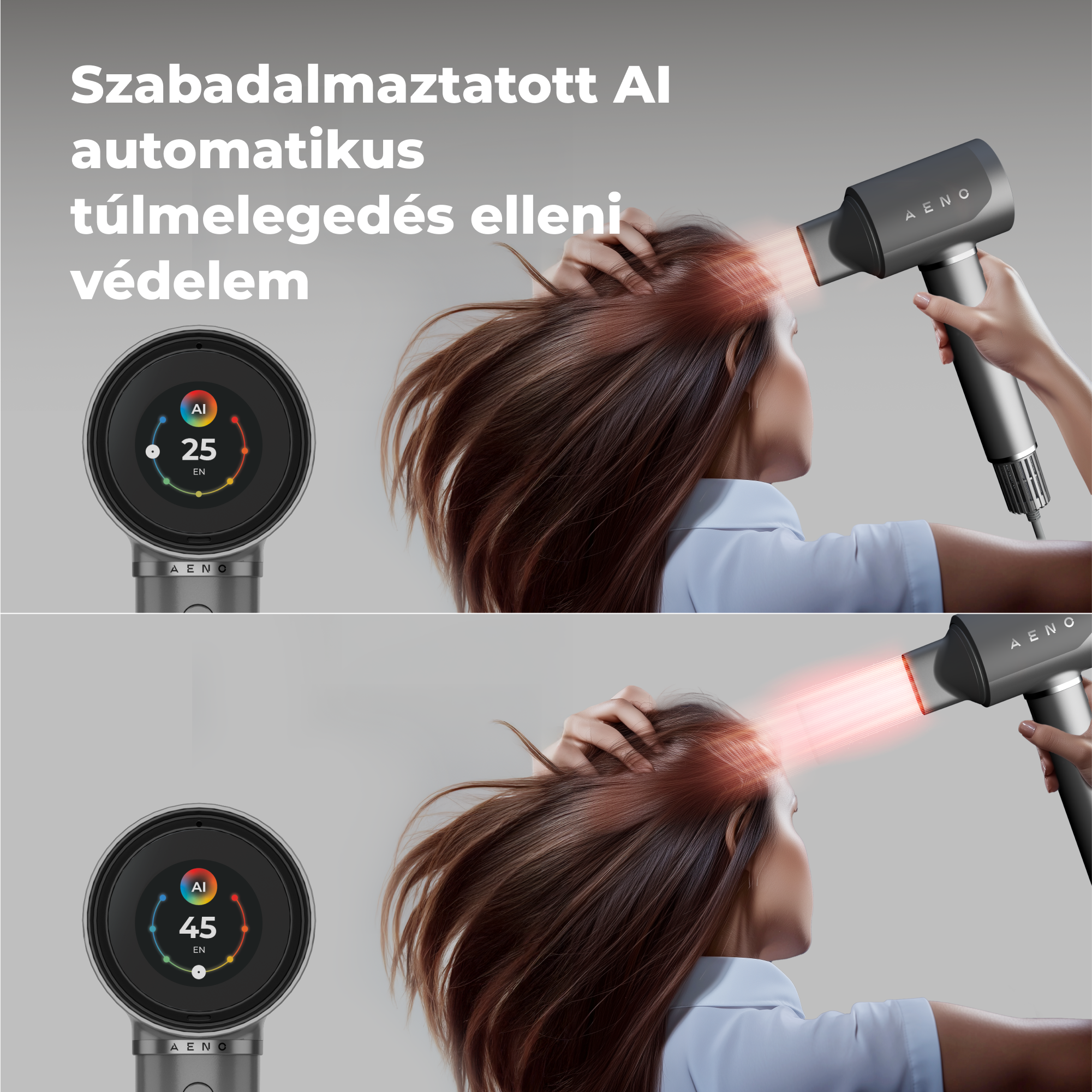 Egy nő hajszárítót használ a hajára. A hajszárító hőmérsékletet mutat. A háttér szürke.