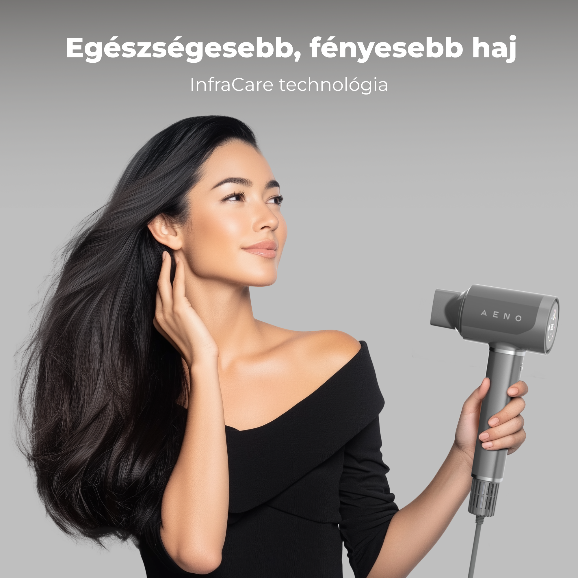 Fekete hajú nő hajszárítóval. Fekete ruhát visel. Felül magyar nyelvű szöveg.