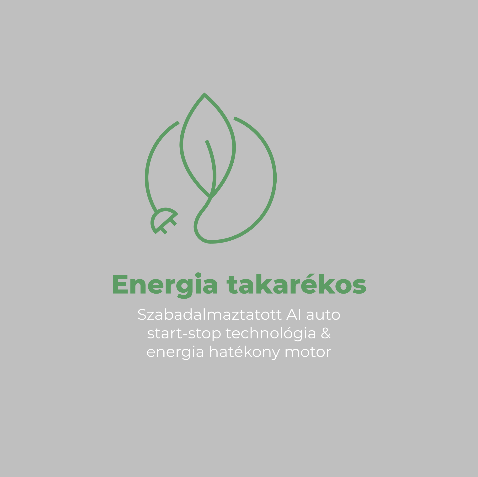 Zöld levél és dugó logója, 'Energia takarékos' felirattal, valamint az AI start-stop technológia leírásával.