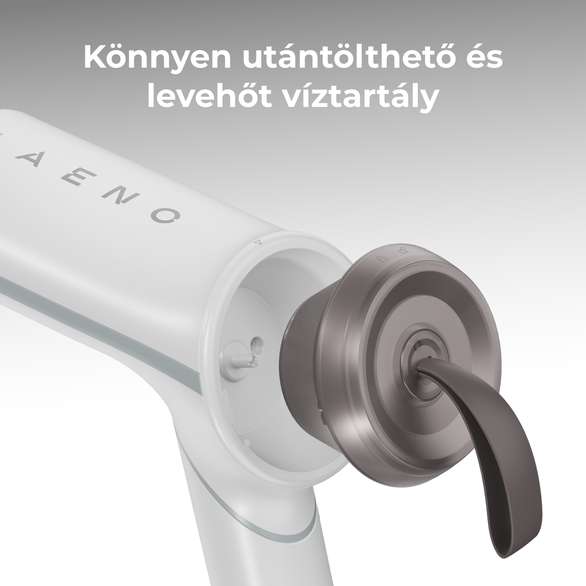 Egy fehér készülék levehető sötétszürke darabbal. A szöveg azt mondja: 'Könnyen újratölthető és lélegző víztartály'.