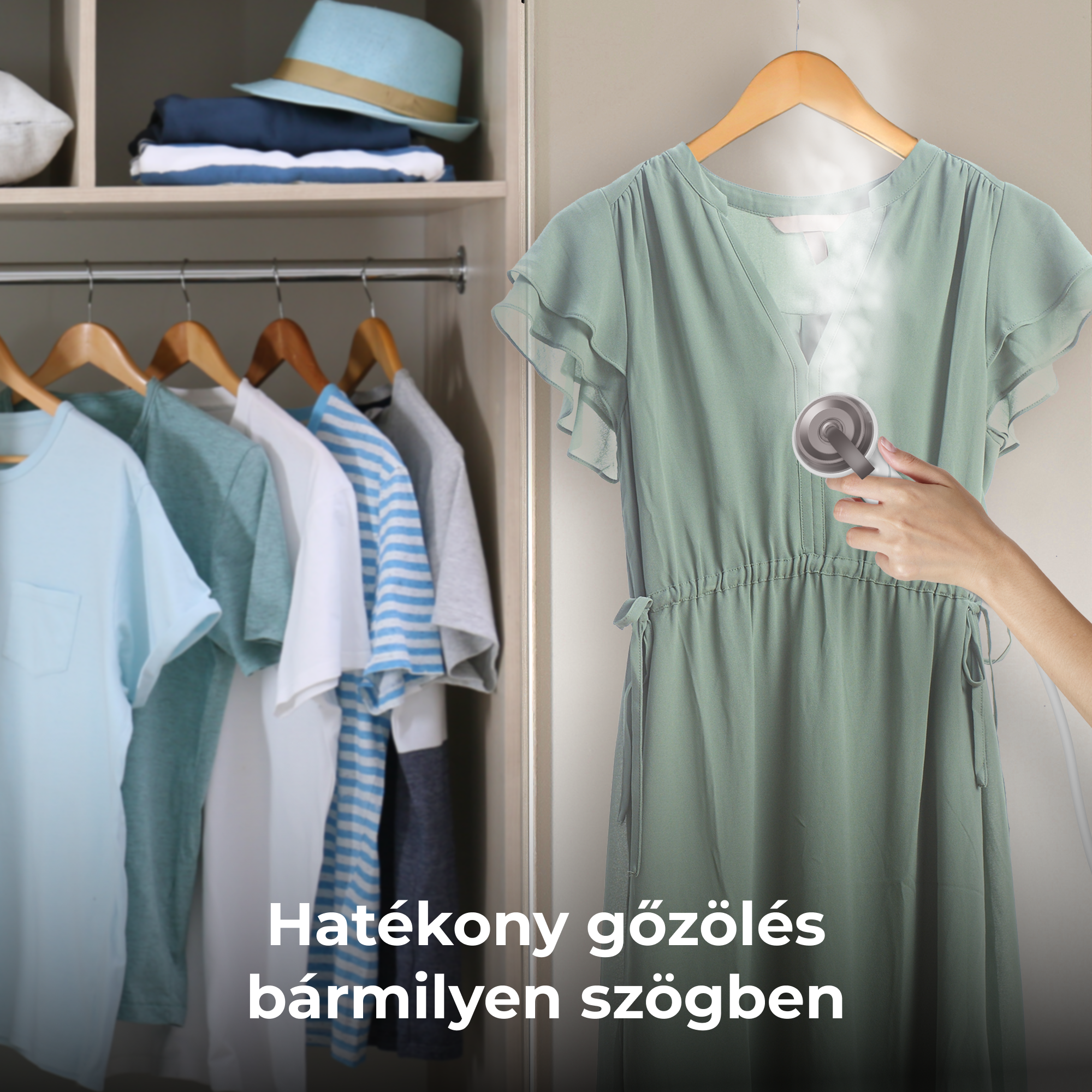 Egy személy egy zöld ruhát gőzöl egy kézi gőzölővel a szekrényben. A ruha mögött ruhák lógnak egy rúdon.