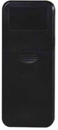 Czarny pilot z prostokątnym ekranem na górze i okrągłym przyciskiem poniżej. Obudowa jest gładka.