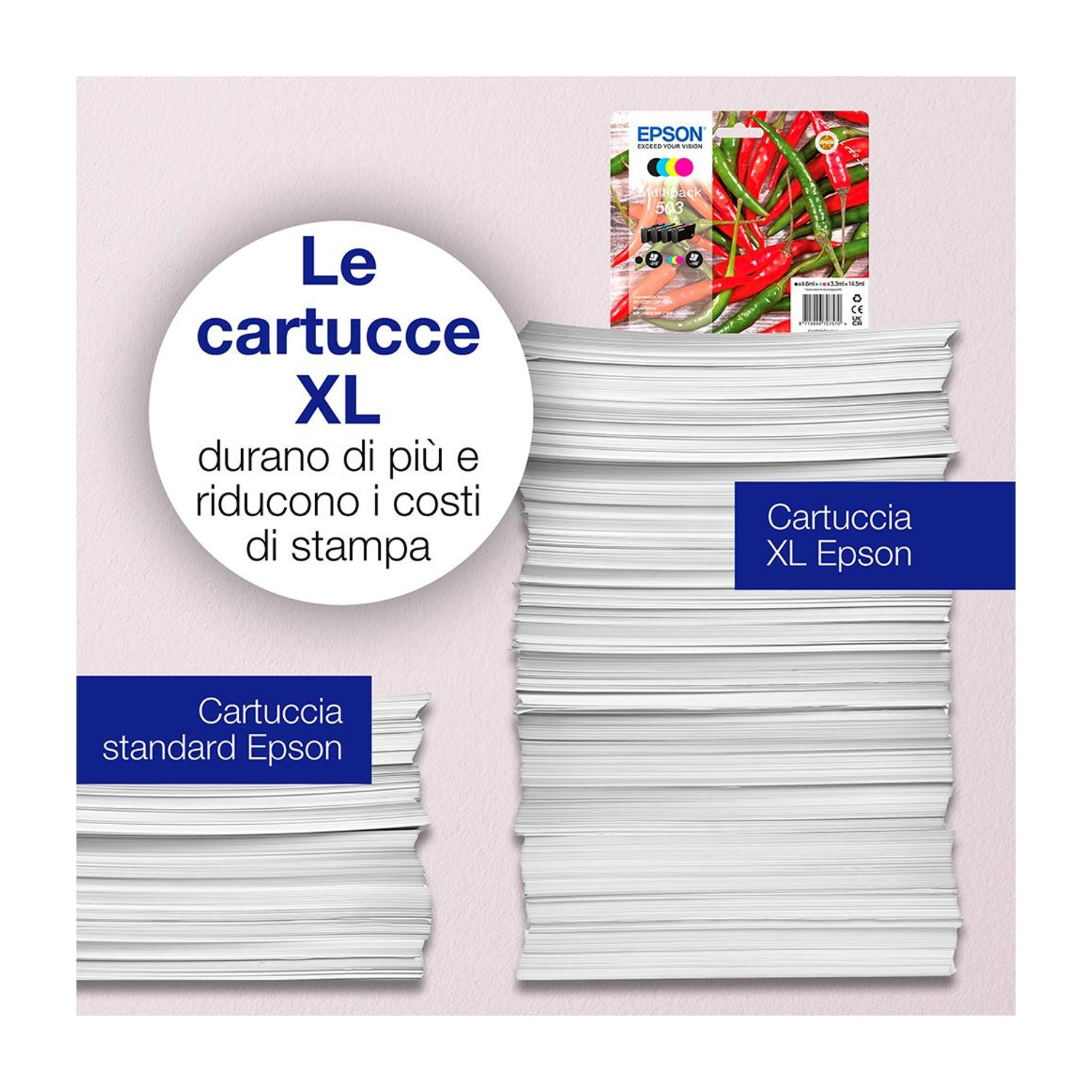 Una confezione di cartucce d'inchiostro Epson è sopra una pila di carta. Il testo recita: Le cartucce XL durano di più e riducono i costi di stampa.