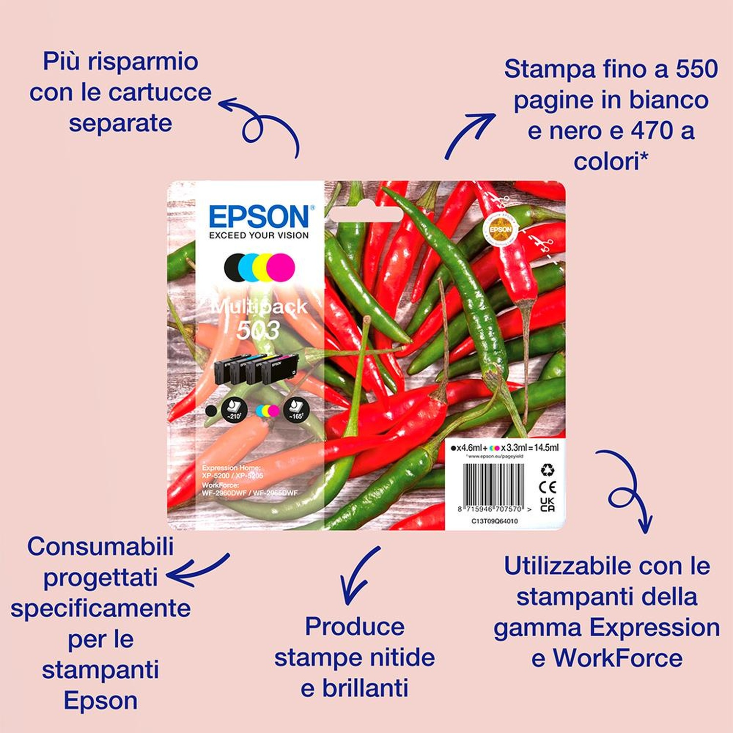 Confezione di cartucce d'inchiostro Epson con peperoncini rossi e verdi. Il testo include 'Multipack 503' e compatibilità stampante.