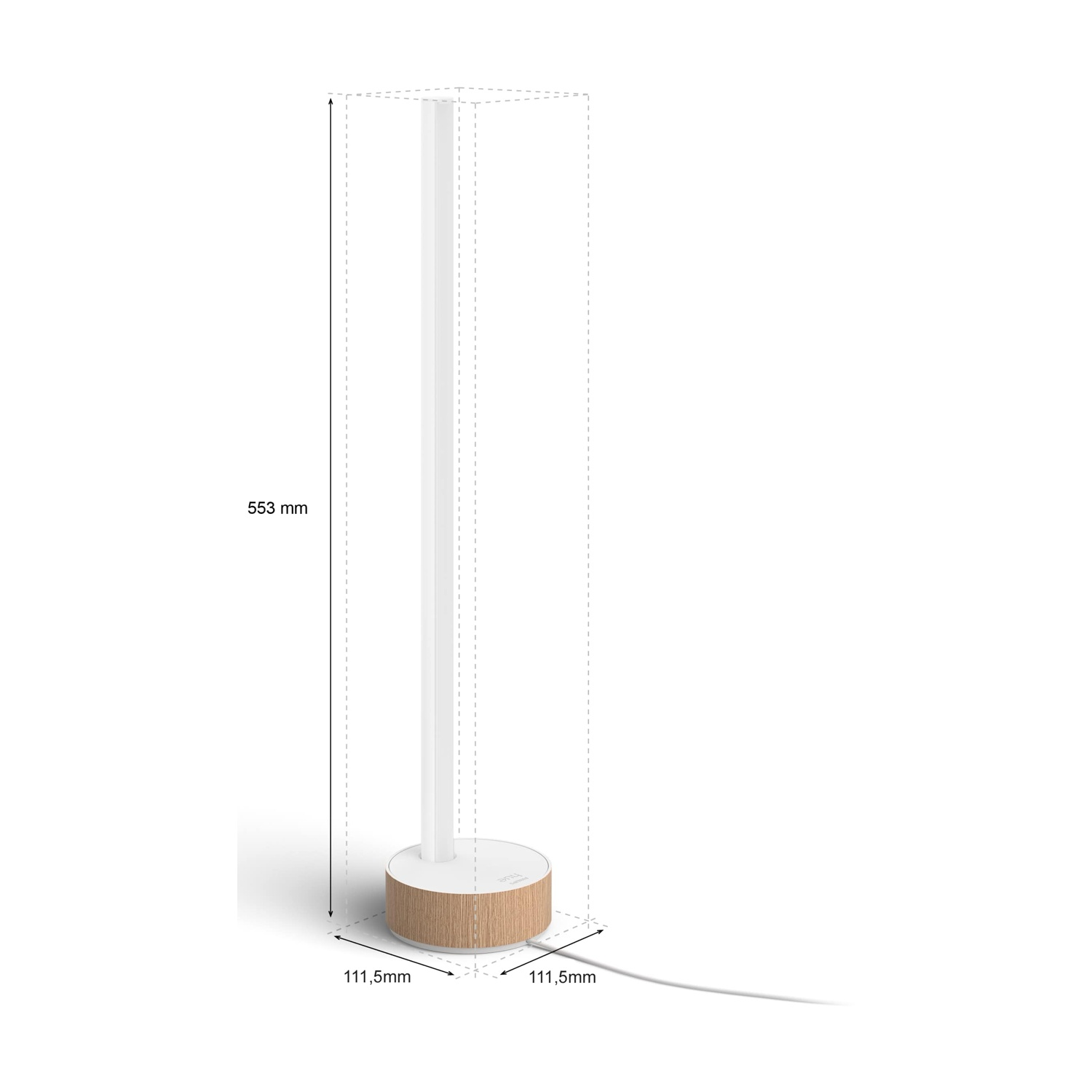 Una lampada moderna con base in legno e alta colonna luminosa bianca. Dimensioni: 553 mm altezza, 111,5 mm larghezza base.