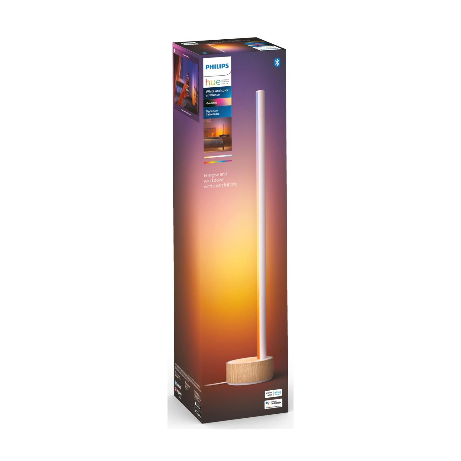 Una lampada da tavolo Philips Hue Signe Oak è esposta nella sua confezione. La scatola mostra le caratteristiche della lampada e un effetto luce sfumato.