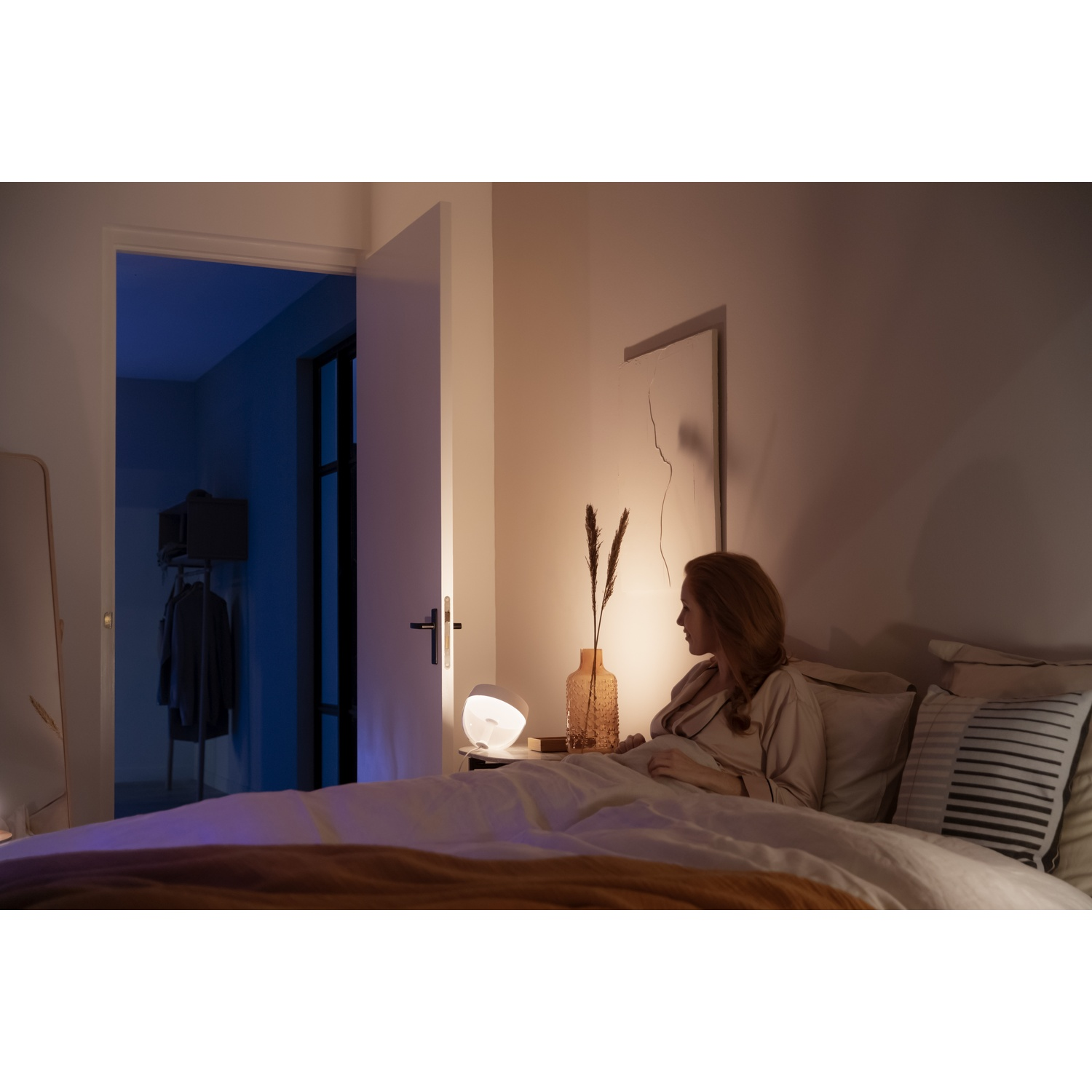 Una donna seduta su un letto con una lampada. Un vaso con piante su un tavolo. Una porta si apre su una stanza con un armadio.