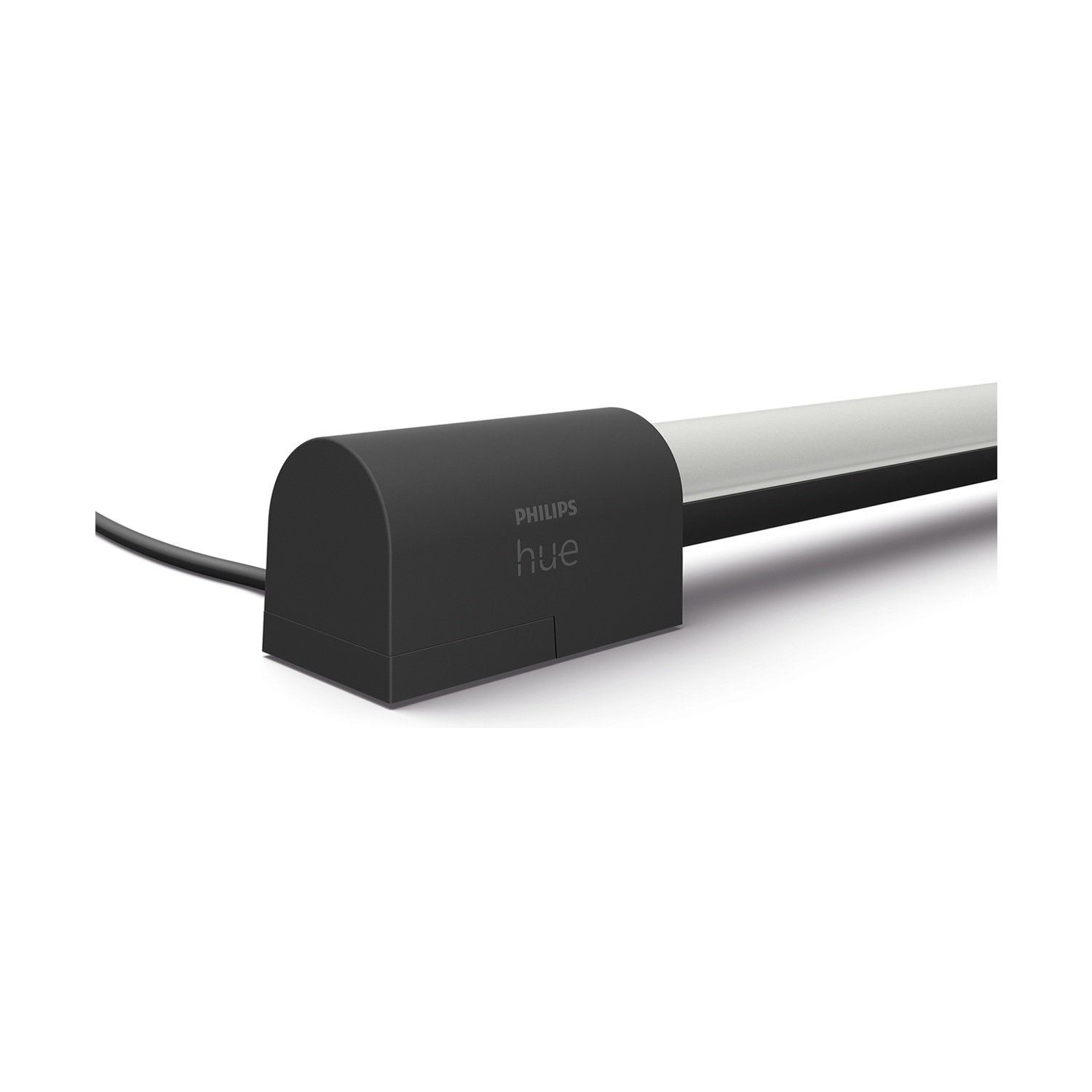 Una barra luminosa Philips Hue nera su sfondo bianco. Il logo Philips e la scritta 'hue' sono visibili sulla base nera.