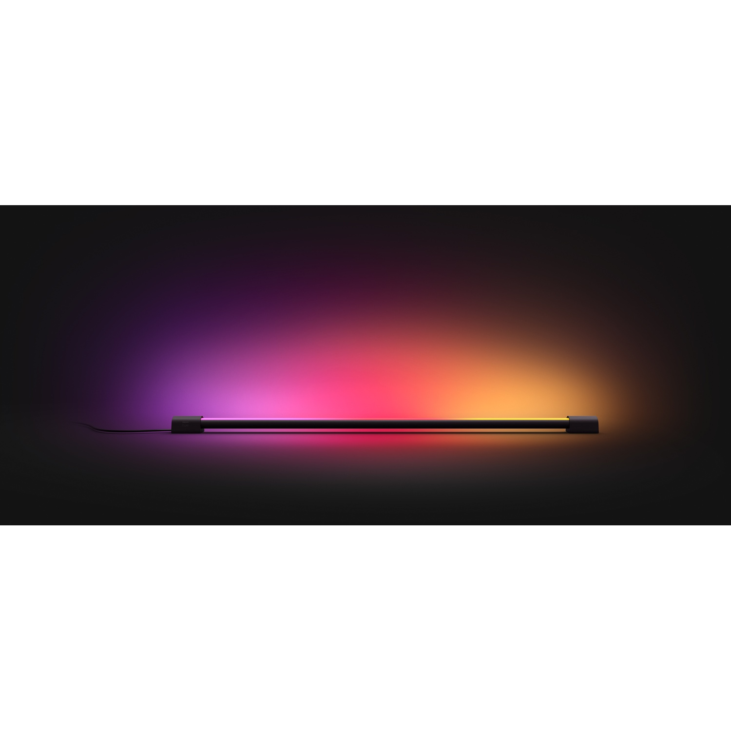 Una barra luminosa lineare nera su uno sfondo scuro. Lo sfondo ha una sfumatura di colori: viola, rosa e arancione.