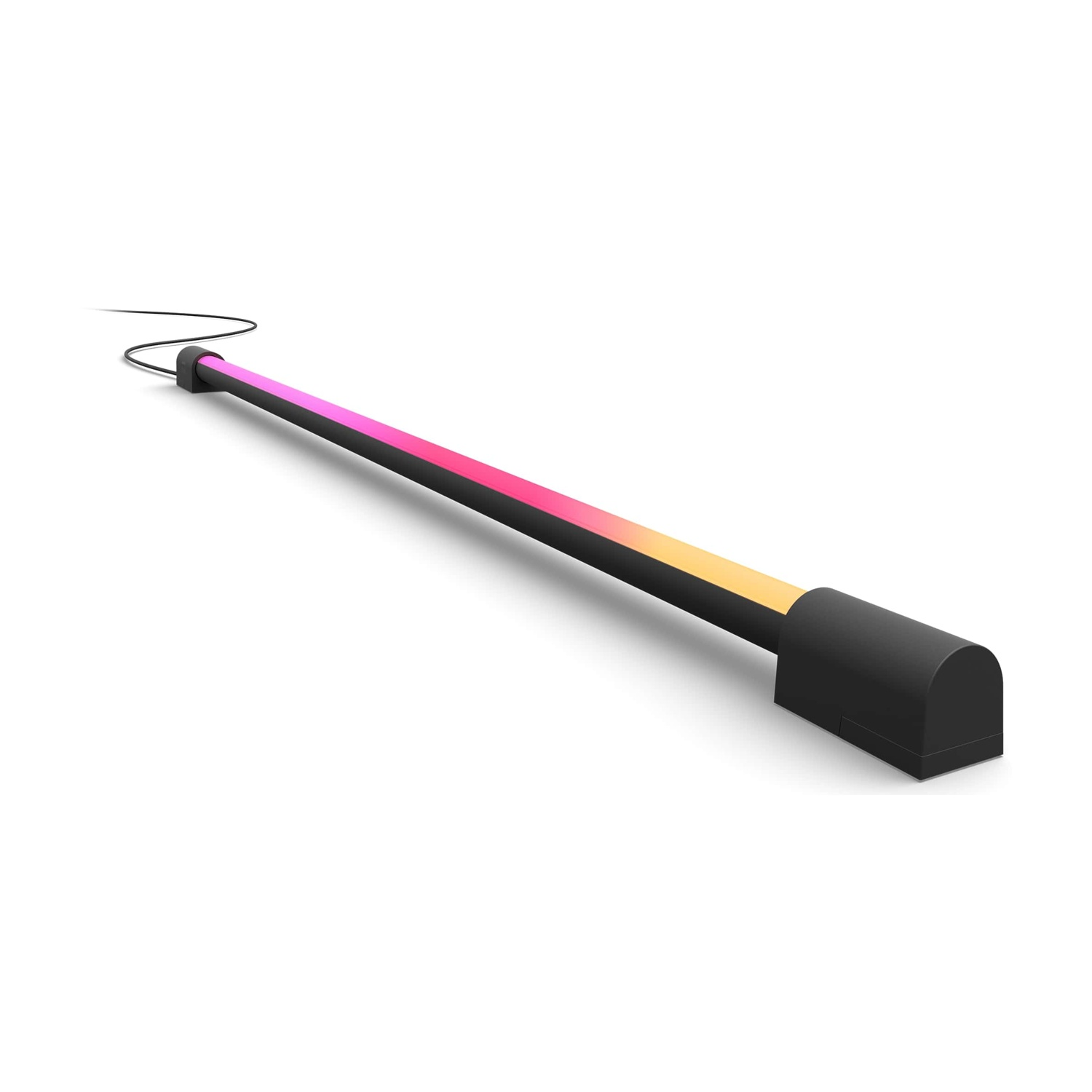 Una lunga barra luminosa nera con una sfumatura di rosa, arancione e giallo. Ha una base nera e un sottile filo nero.