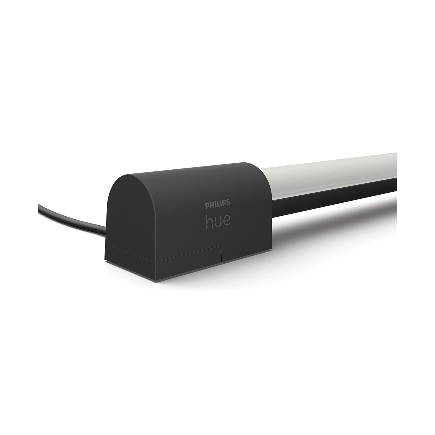 Una barra luminosa Philips Hue nera. Ha una base nera e un tubo luminoso con una luce bianca. È visibile anche un cavo nero.