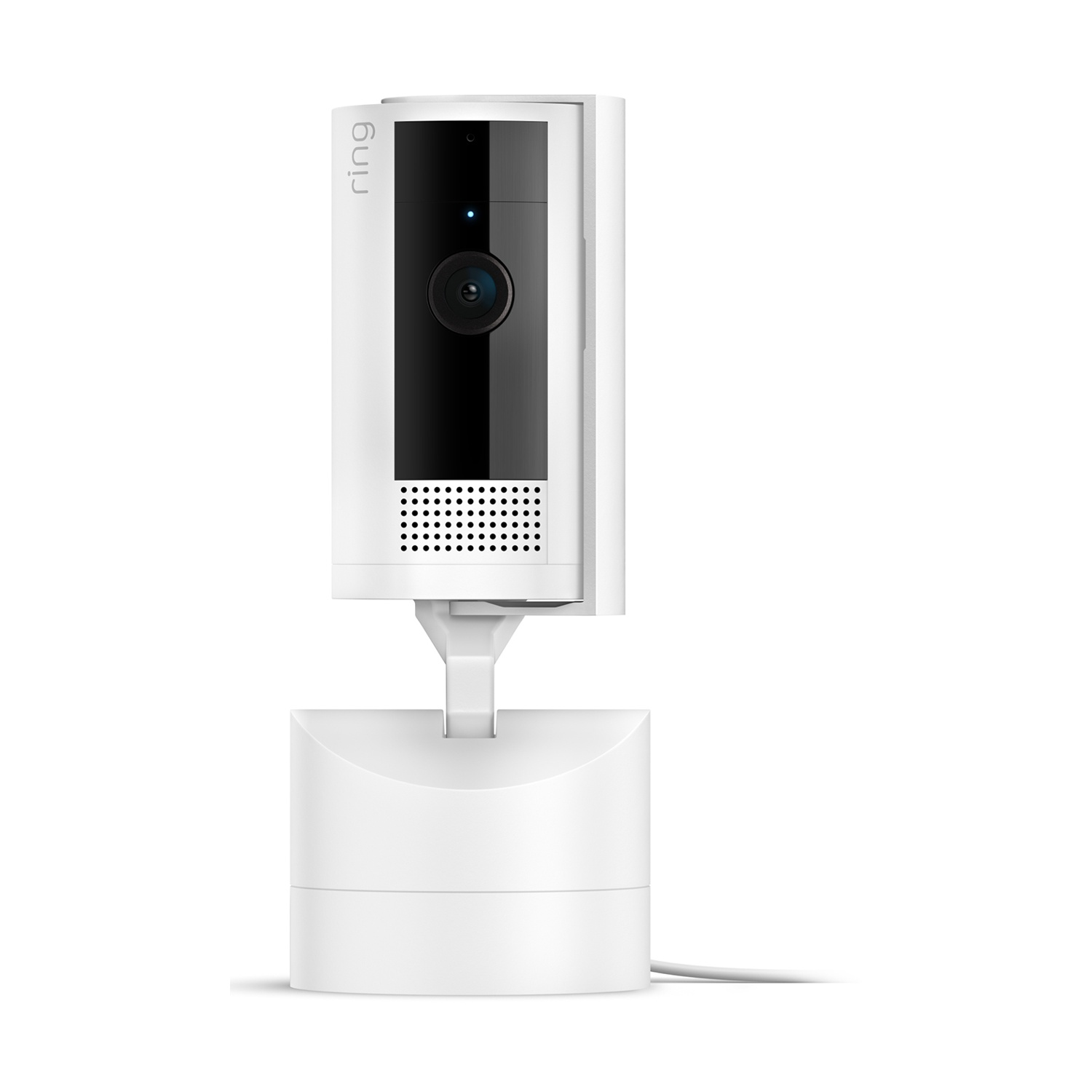 Una telecamera di sicurezza Ring bianca. Ha un obiettivo nero e un altoparlante. Si trova su un supporto bianco con un cavo bianco.