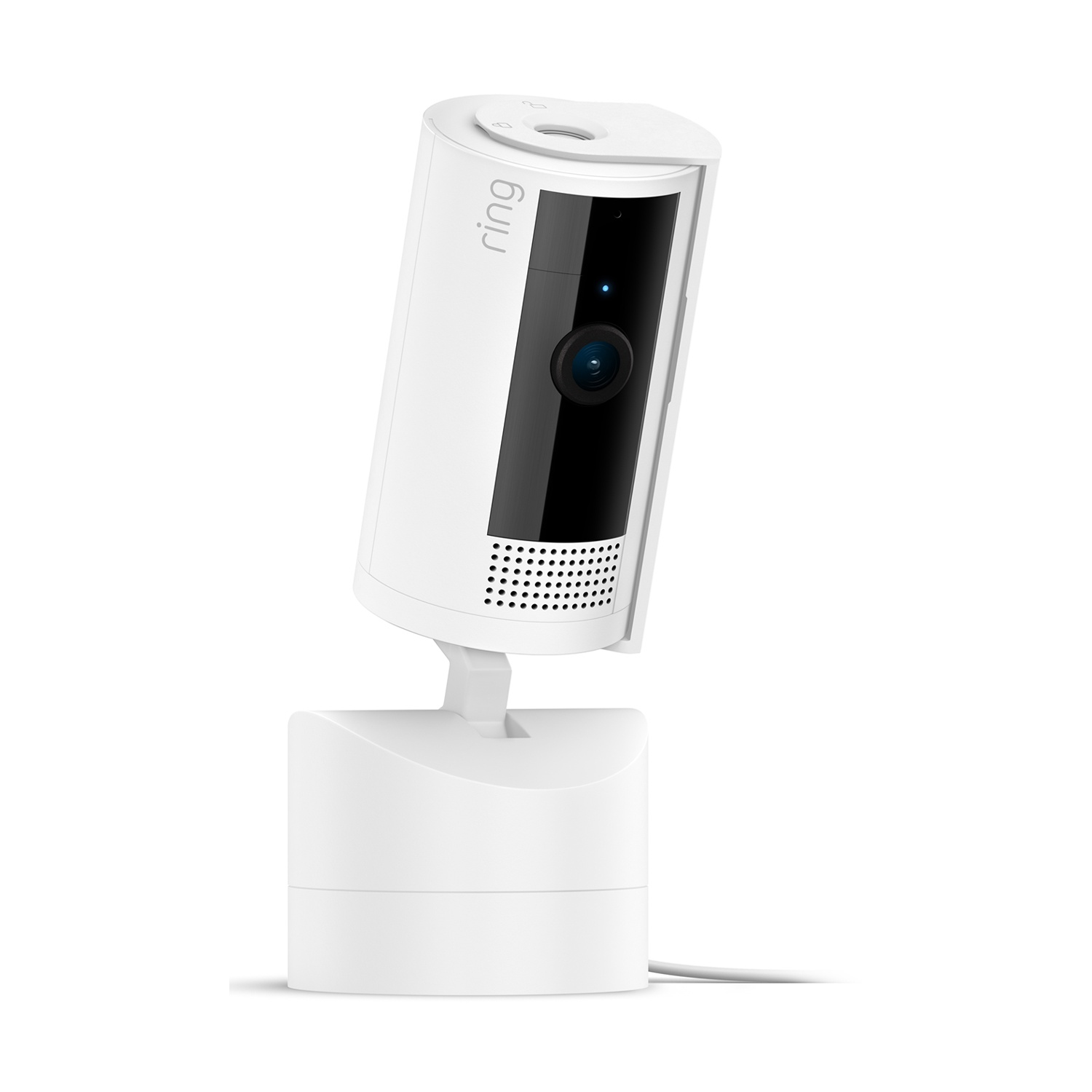 Telecamera di sicurezza Ring bianca su supporto bianco. Presenta un obiettivo nero e il logo Ring. Cavo si estende dalla base.