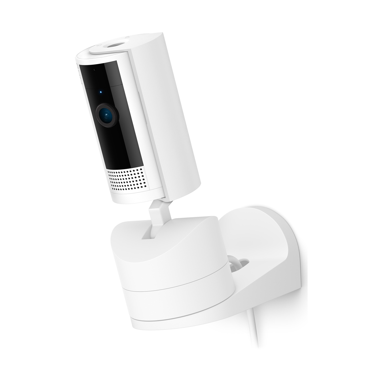 Una telecamera di sicurezza bianca è montata su una staffa bianca. La telecamera ha un fronte nero e una luce blu accesa. Lo sfondo è bianco.