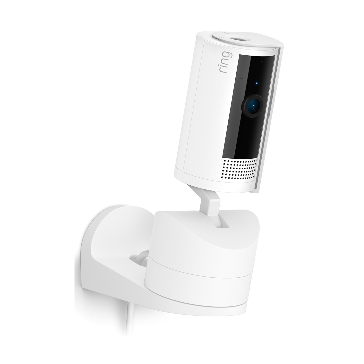 Una telecamera di sicurezza Ring bianca montata su una parete bianca. La fotocamera ha un obiettivo nero e un altoparlante. Il logo Ring è visibile.