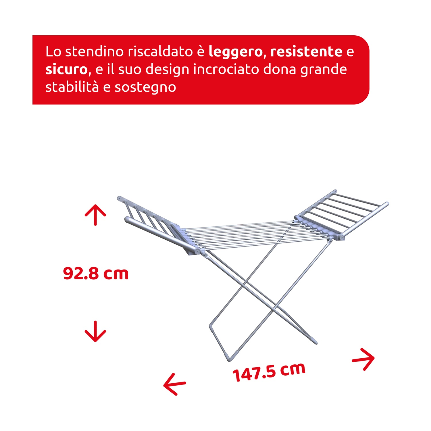 È esposto uno stendibiancheria in metallo. Ha un design a croce e le dimensioni sono indicate. Testo in italiano in alto.