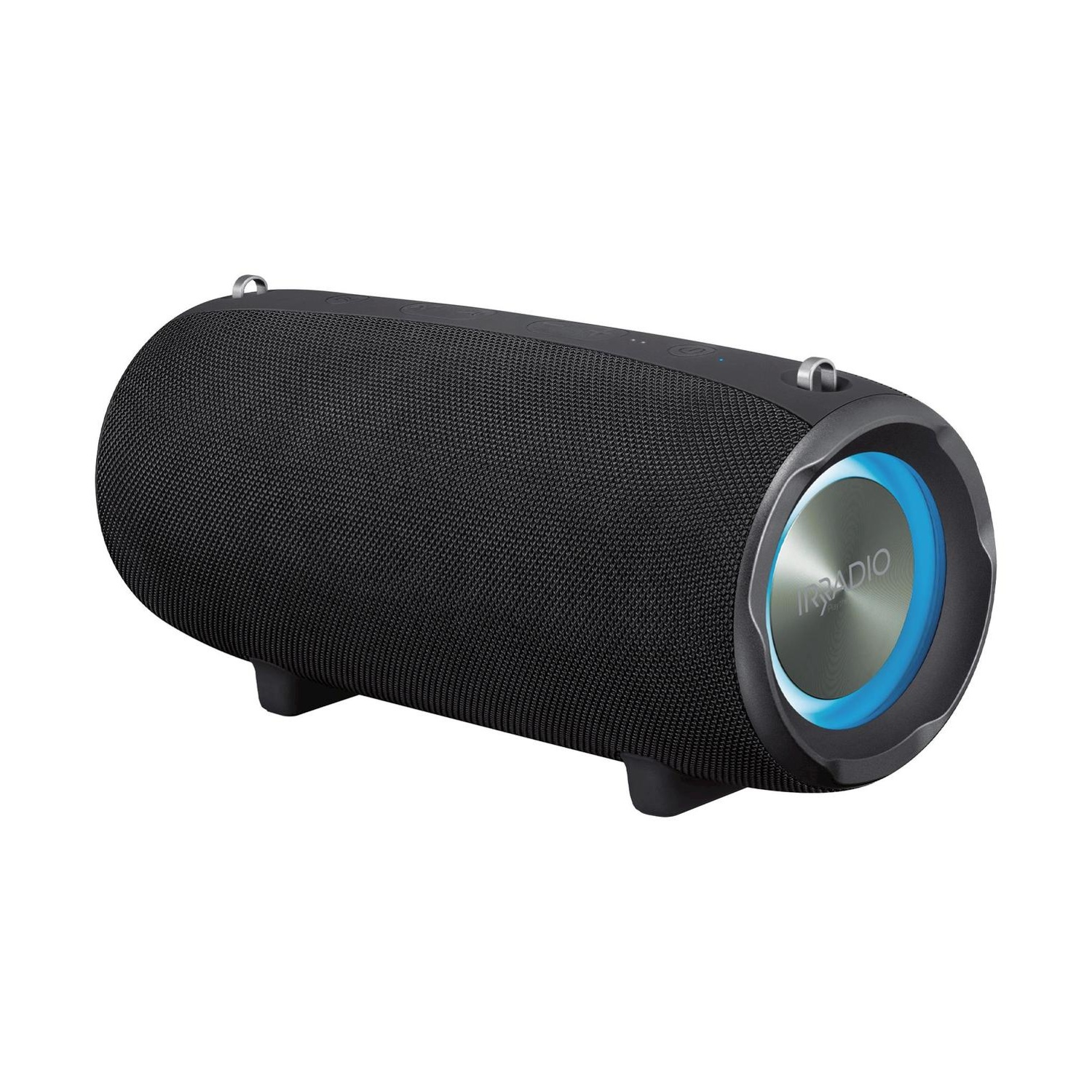 Un altoparlante portatile cilindrico nero. Ha una trama simile a una rete e due maniglie argentate. L'altoparlante ha un anello luminoso blu.