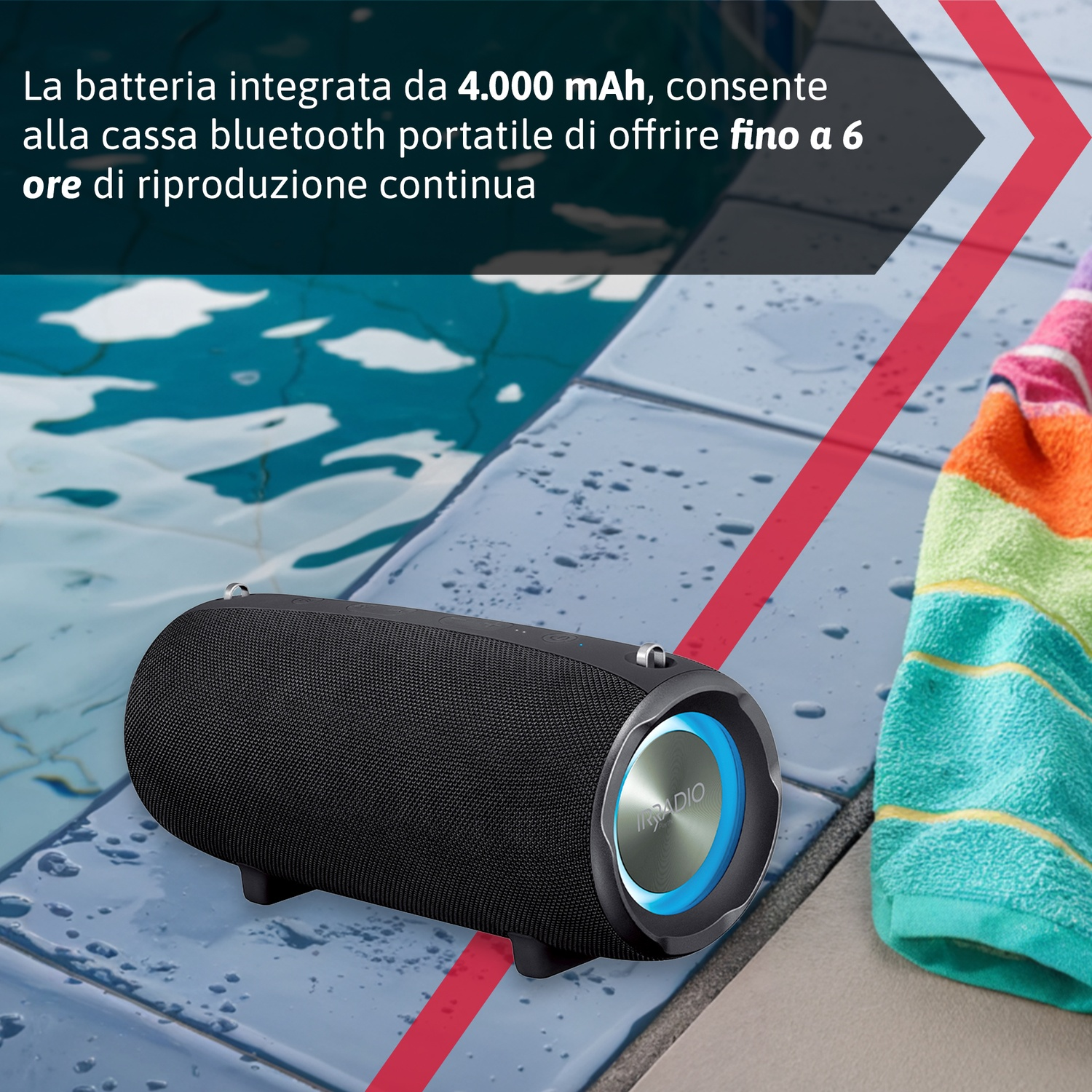 Un altoparlante bluetooth nero con bordo blu illuminato, su una superficie bagnata. Un asciugamano colorato è a destra.