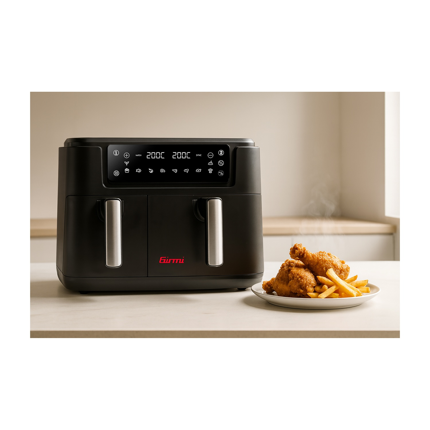 Friggitrice ad aria nera con un piatto di pollo fritto e patatine fritte. Il vapore sale dal cibo. Lo sfondo è una cucina chiara.