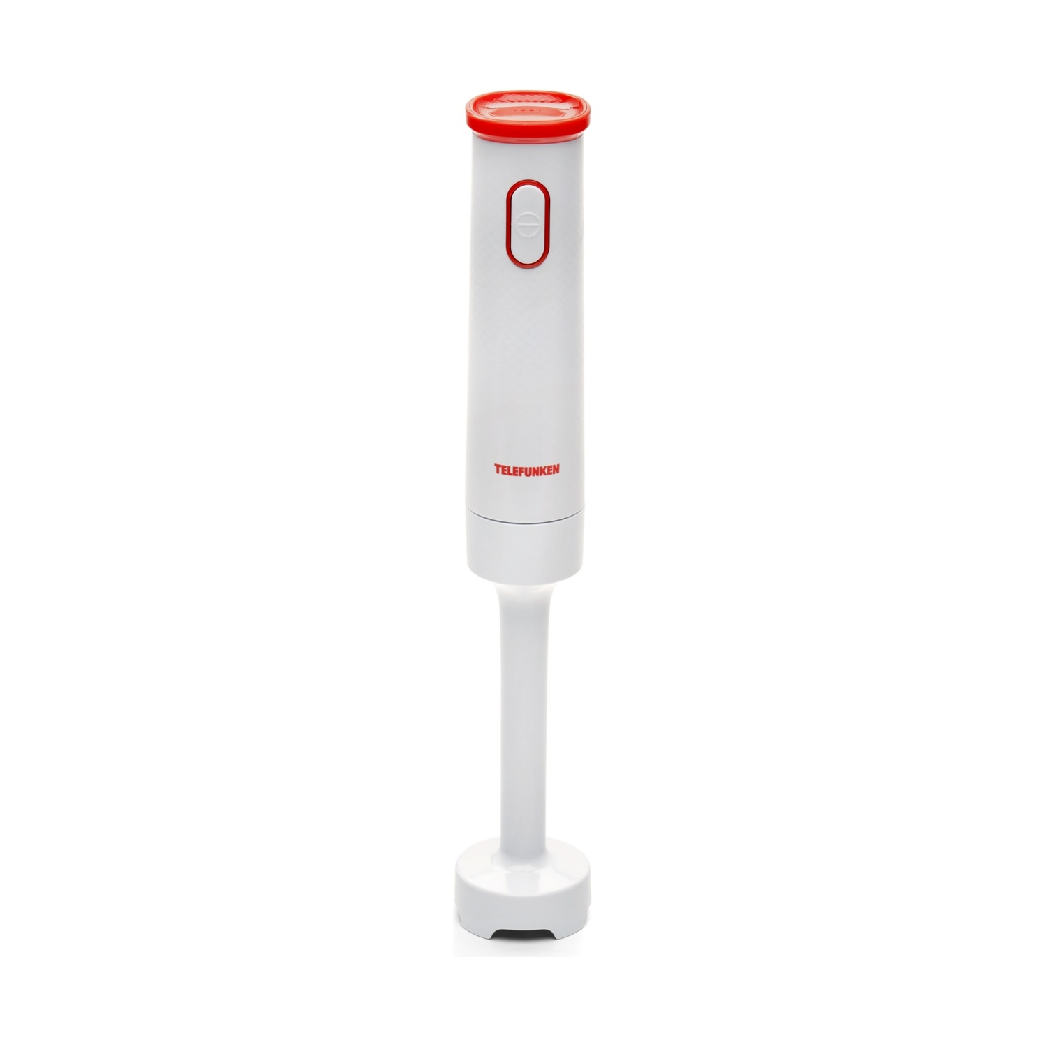 Un frullatore a immersione Telefunken bianco con dettagli rossi. Ha un pulsante on/off e un coperchio rosso. È appoggiato su una superficie bianca.