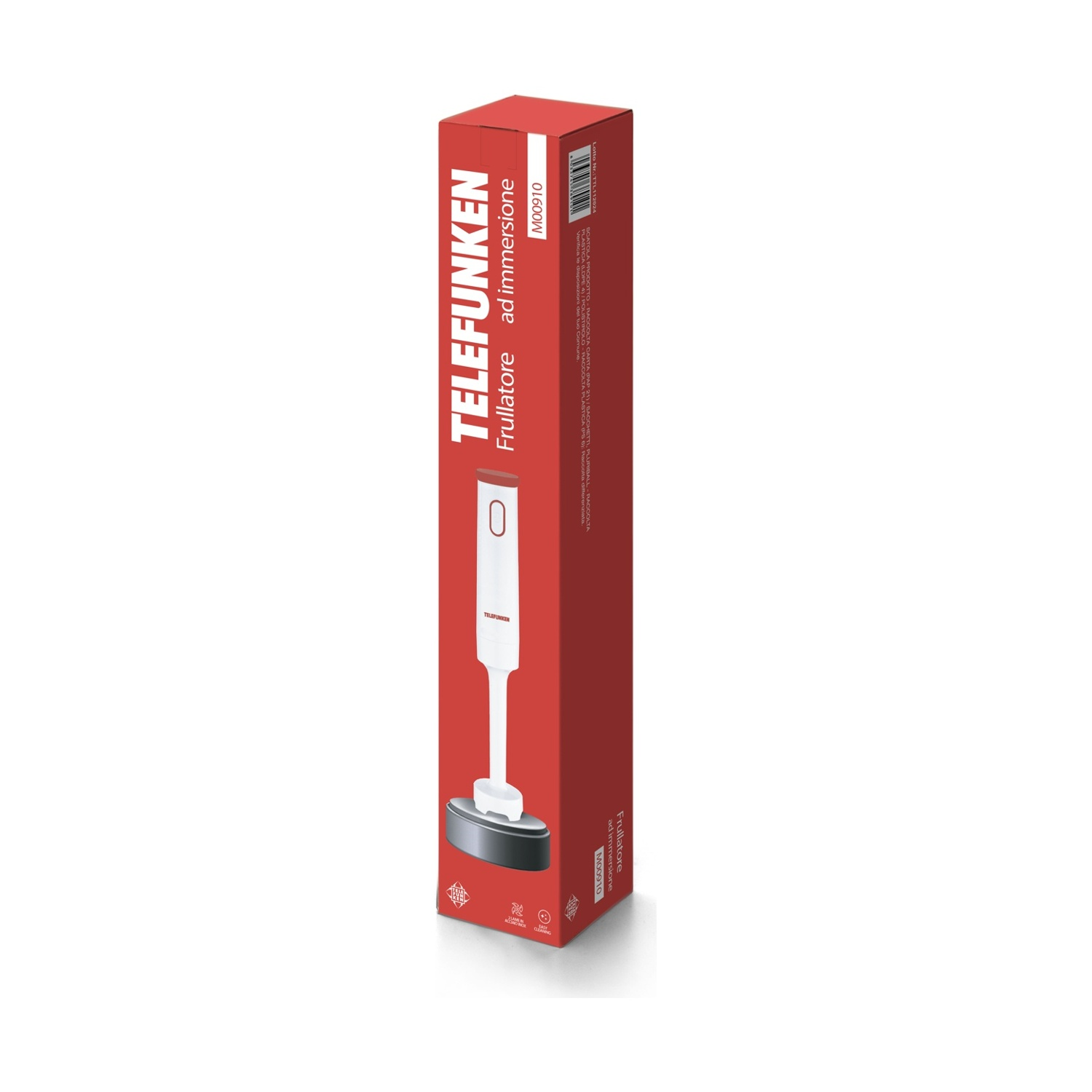 Una scatola rossa di un frullatore a immersione Telefunken. La scatola mostra il prodotto, il nome Telefunken e il numero modello M00910.