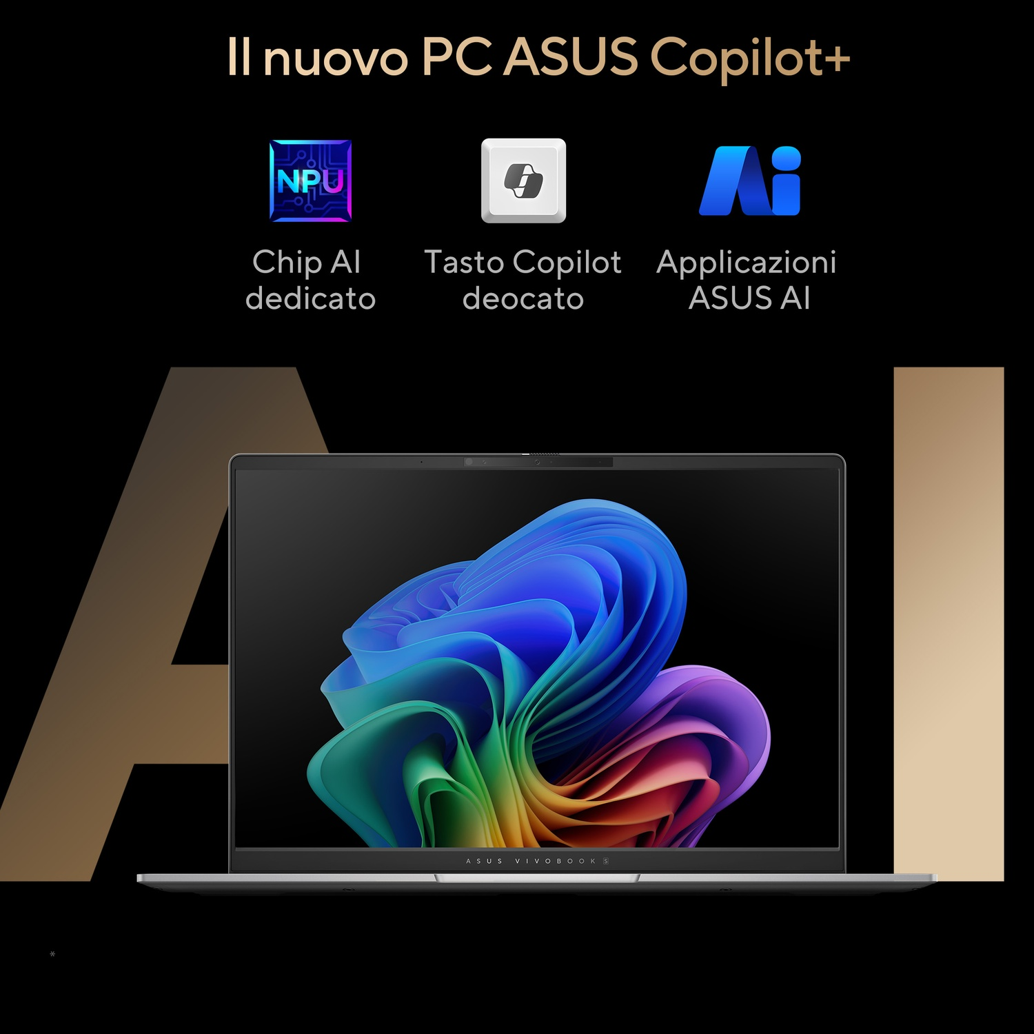 Un laptop ASUS con schermo colorato, testo sulle funzioni AI e il titolo 'Il nuovo PC ASUS Copilot+'.
