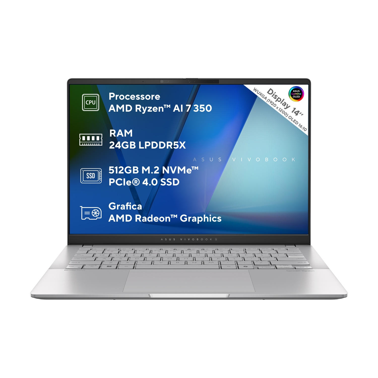 Laptop Asus Vivobook argento. Specifiche: AMD Ryzen AI 7 350, 24GB RAM, 512GB SSD e grafica AMD Radeon. Display OLED 14".