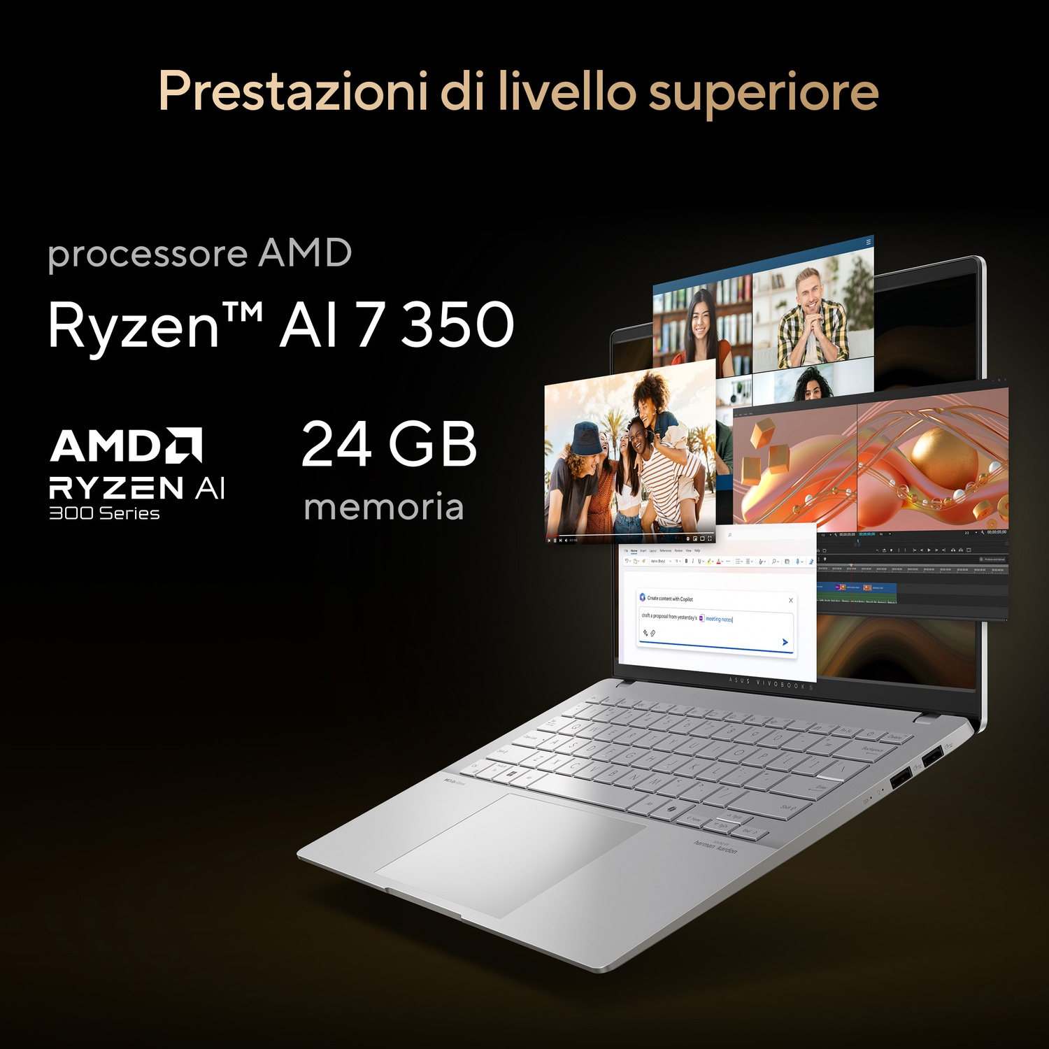 Laptop con più finestre aperte: videochiamate, editing video e creazione di documenti. Il testo evidenzia AMD Ryzen AI 7 350 e 24 GB di memoria.
