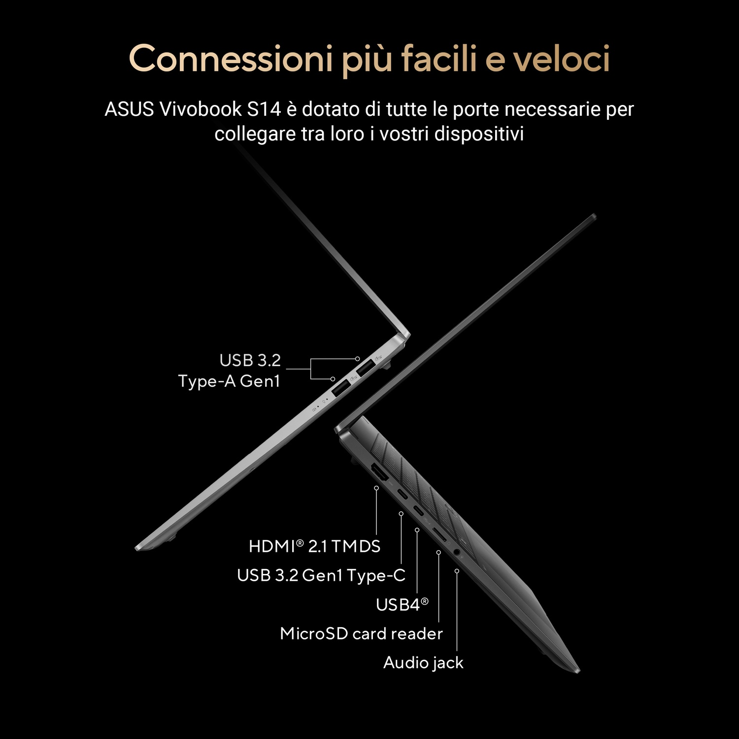 Due laptop con porte etichettate. Testo: Le connessioni sono più facili e veloci. ASUS Vivobook S14. Porte: USB, HDMI e audio.